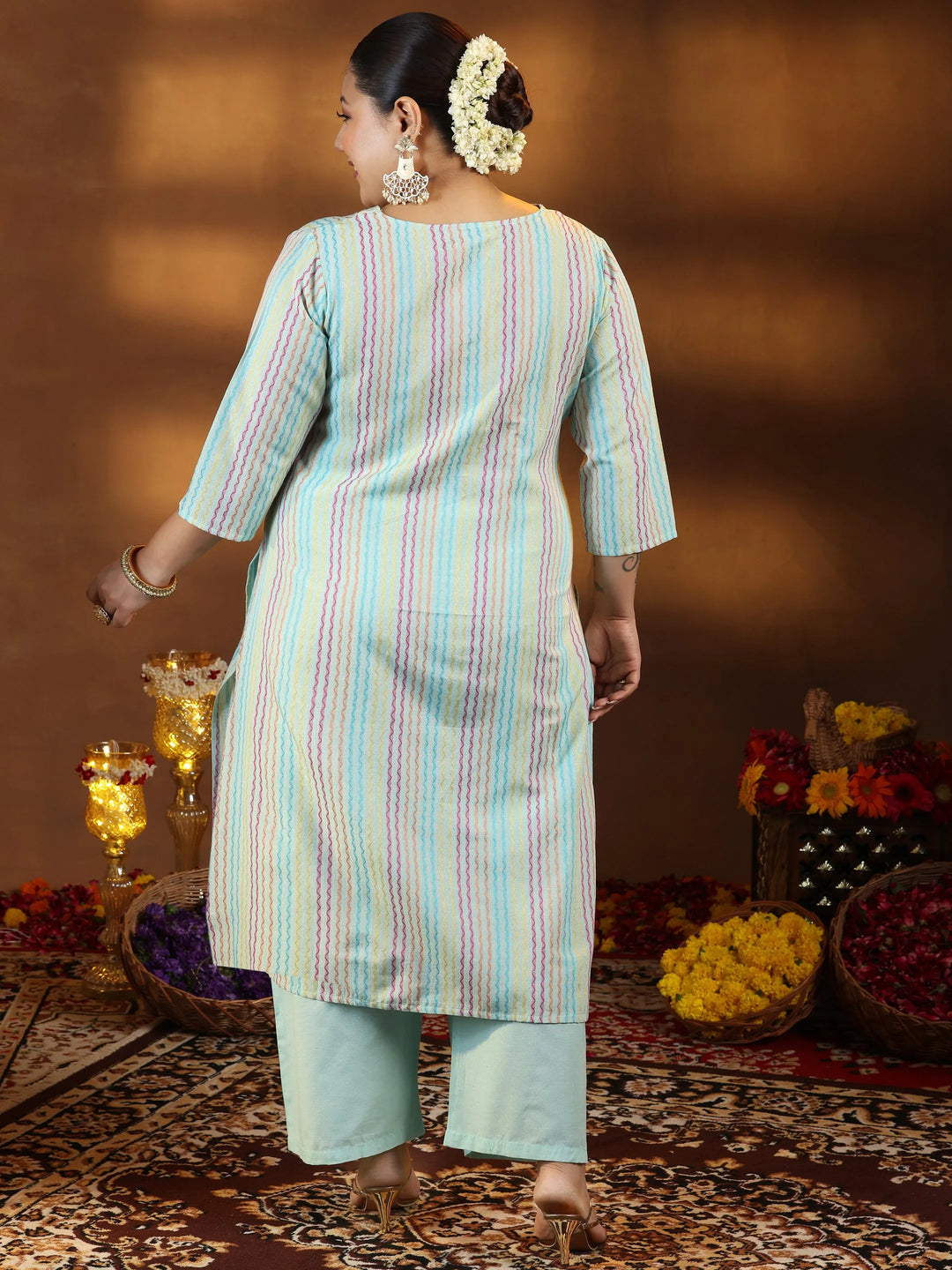  Plus Size Green Self Design Cotton Blend Straight Kurta Set 