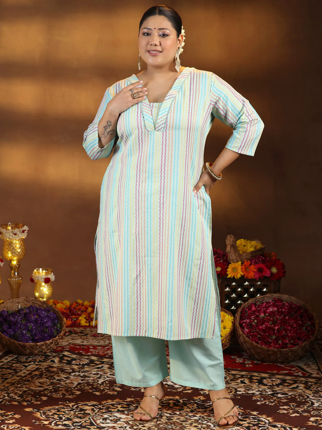  Plus Size Green Self Design Cotton Blend Straight Kurta Set 