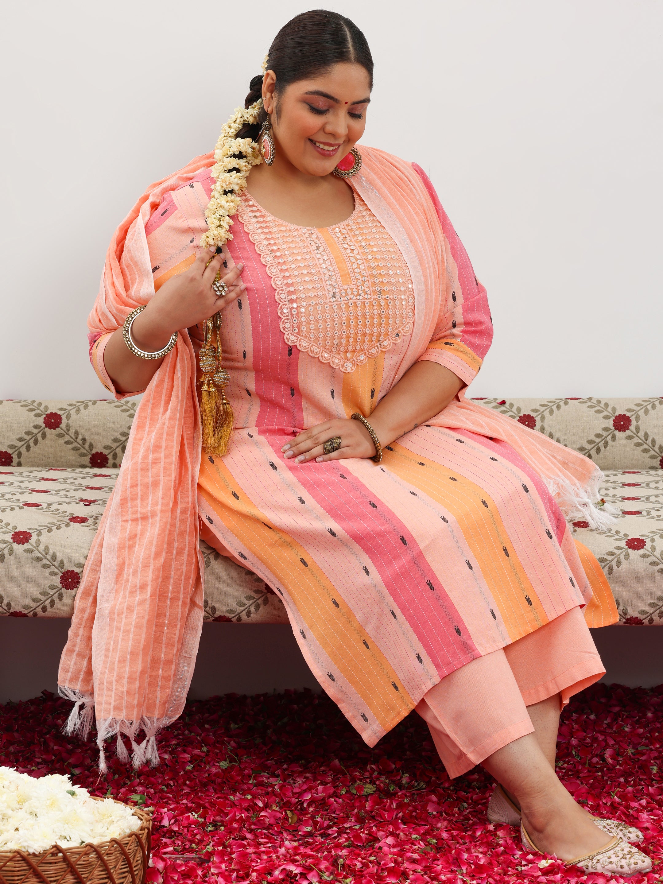 libas Plus Size Peach Self Design Cotton Blend Straight Suit With Dupatta-picture-50