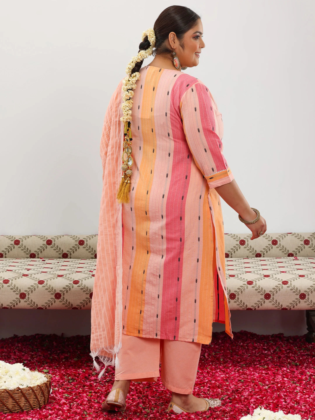  Plus Size Peach Self Design Cotton Blend Straight Suit With Dupatta 