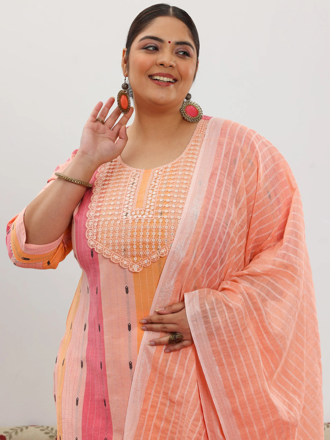  Plus Size Peach Self Design Cotton Blend Straight Suit With Dupatta 