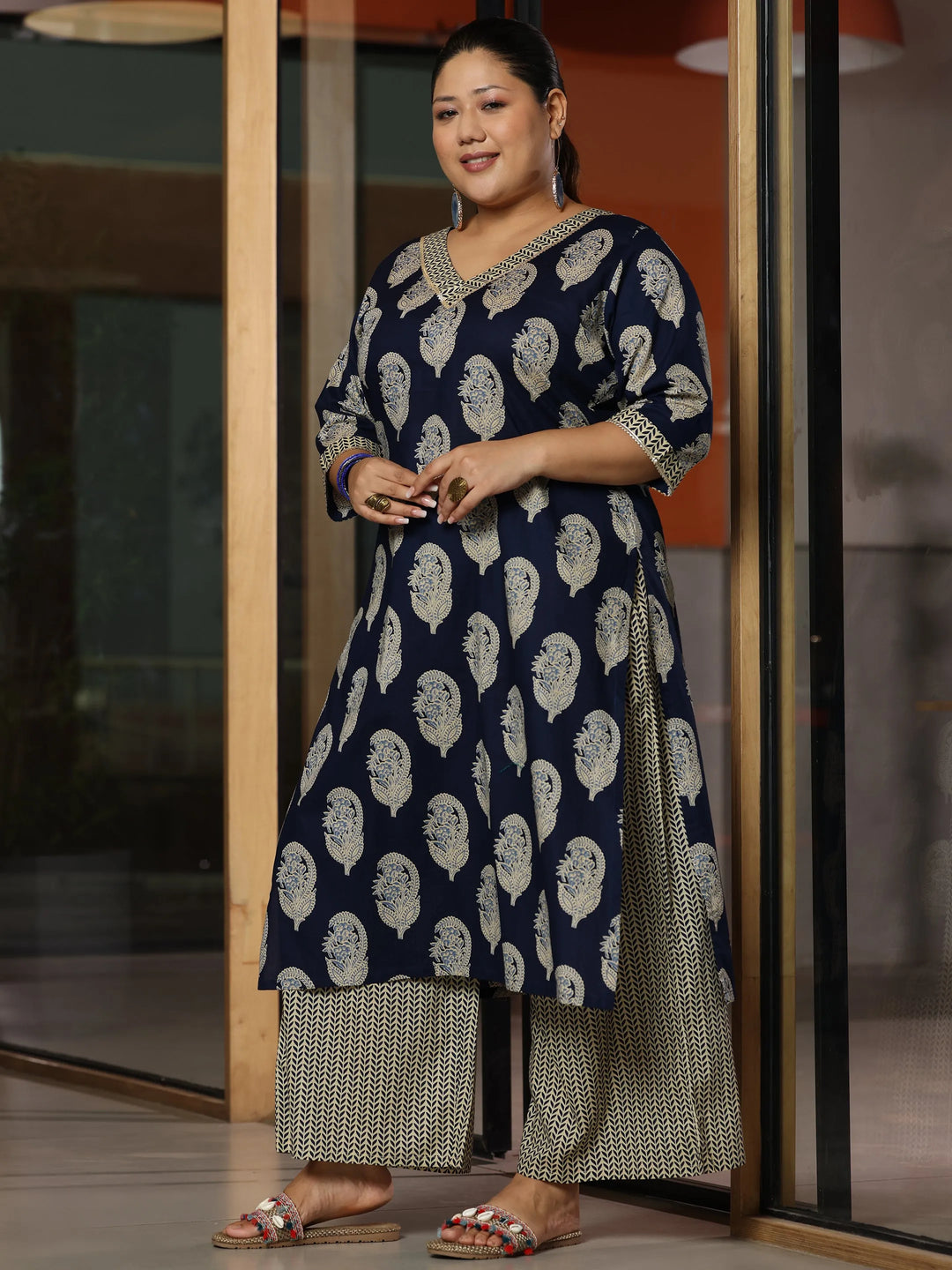  Plus Size Blue Printed Cotton Straight Suit With Dupatta 