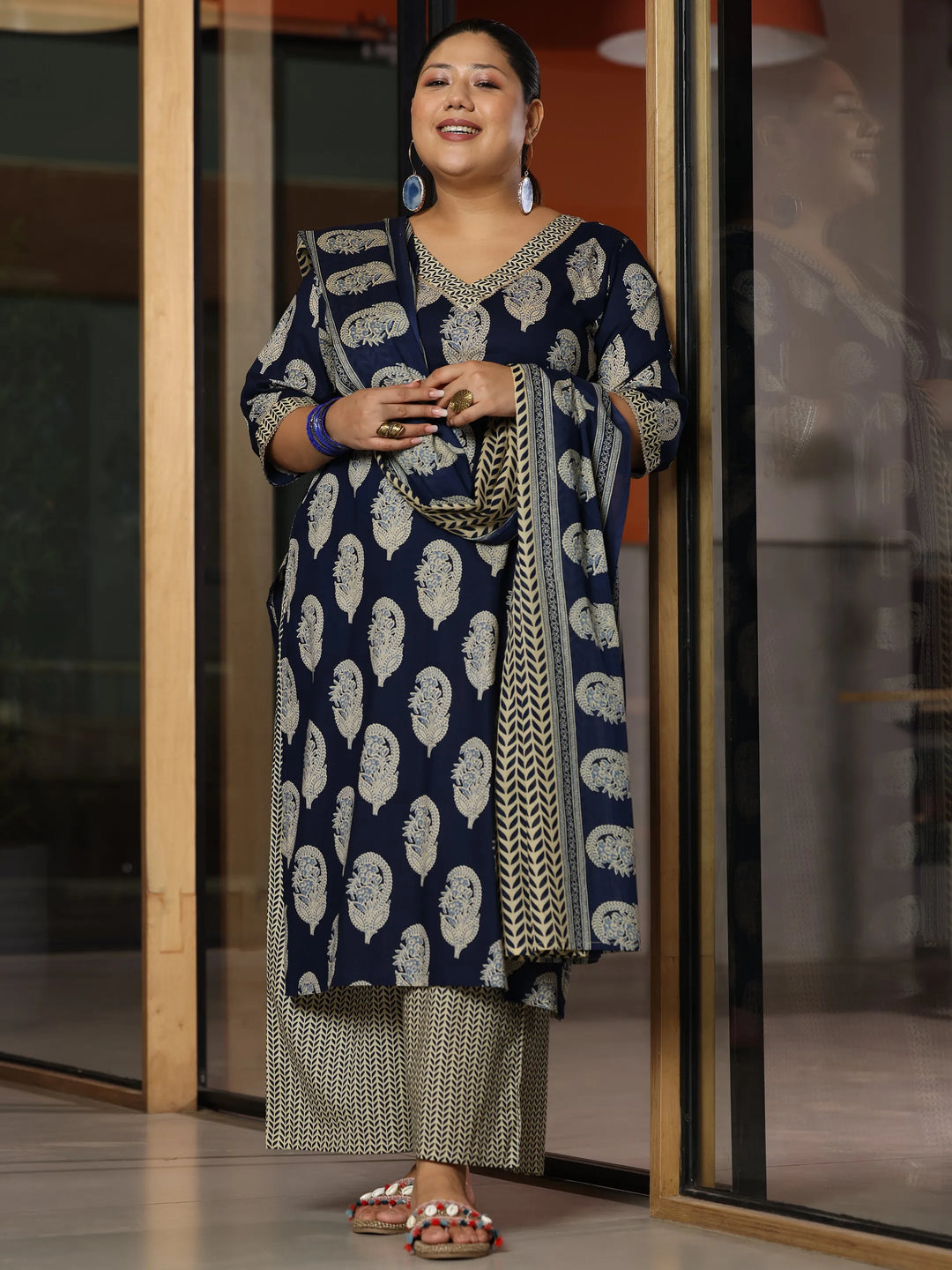  Plus Size Blue Printed Cotton Straight Suit With Dupatta 