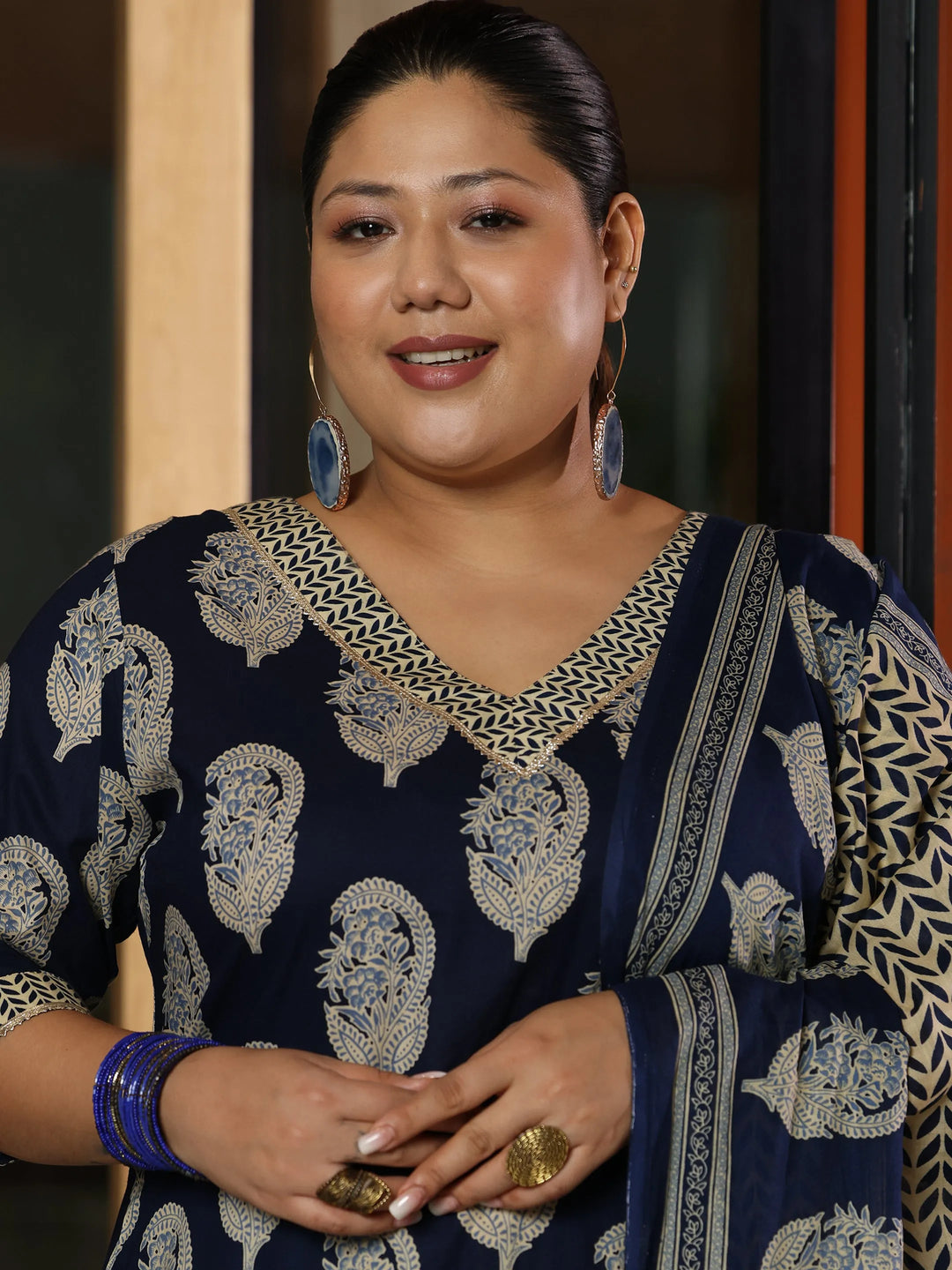  Plus Size Blue Printed Cotton Straight Suit With Dupatta 