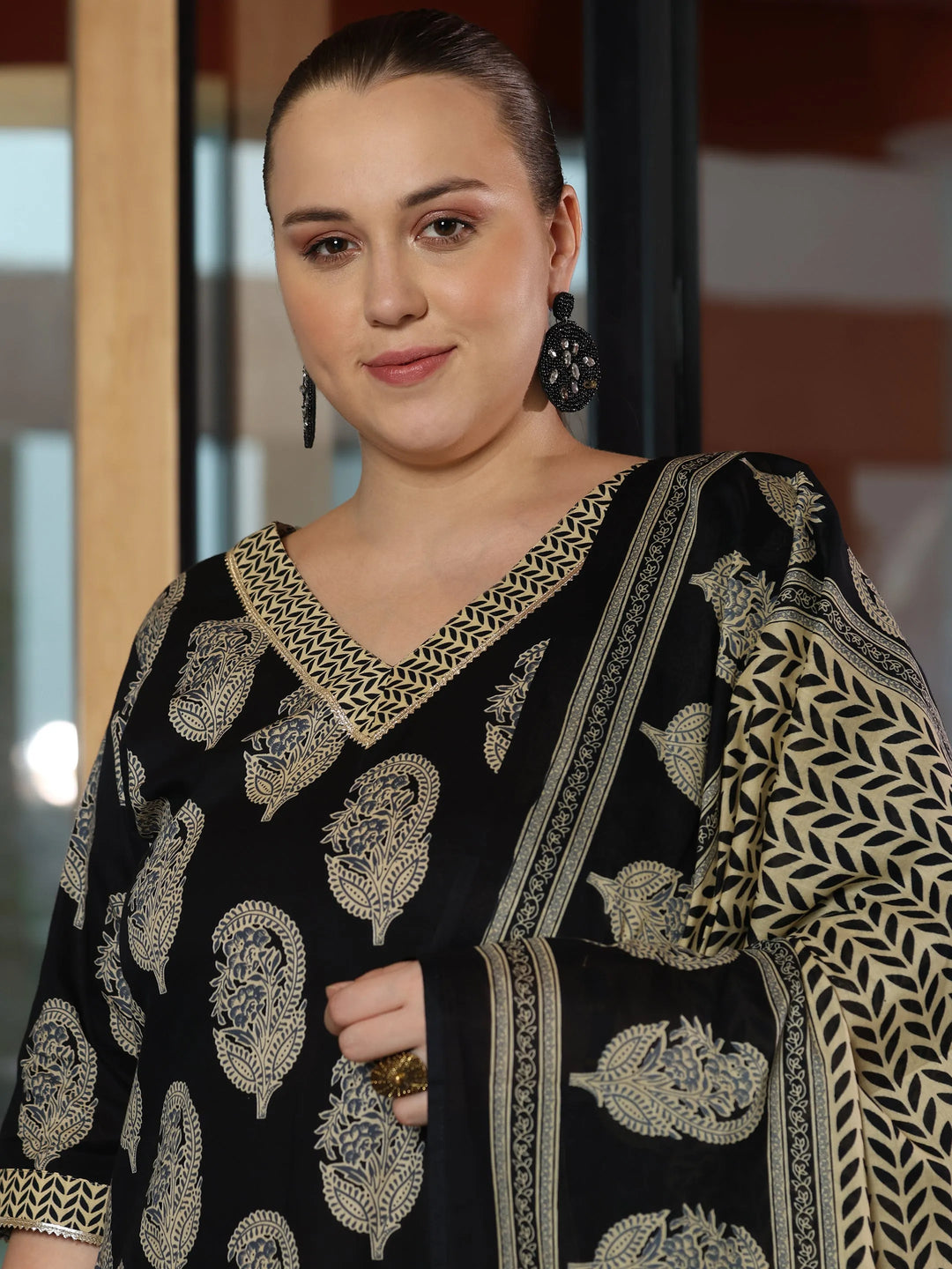  Plus Size Black Printed Cotton Straight Suit With Dupatta 