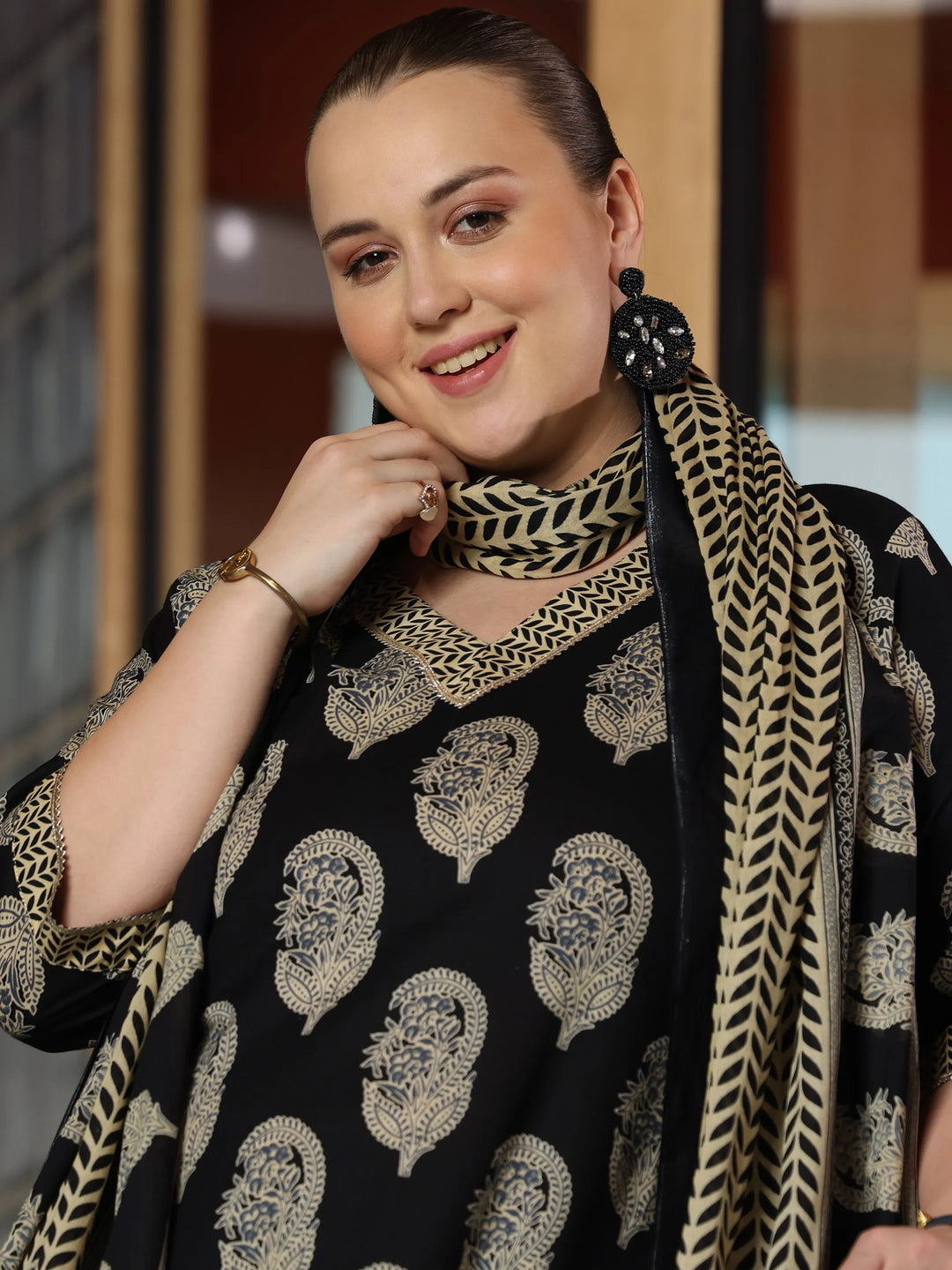  Plus Size Black Printed Cotton Straight Suit With Dupatta 