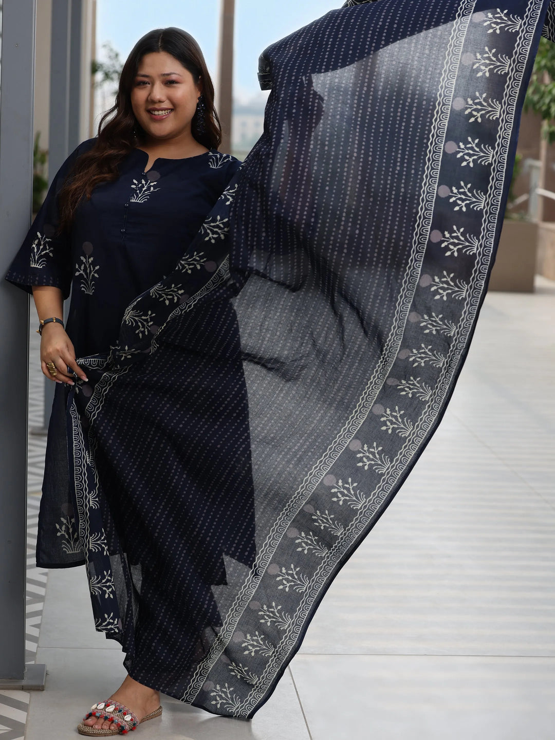  Plus Size Blue Printed Cotton Straight Suit With Dupatta 