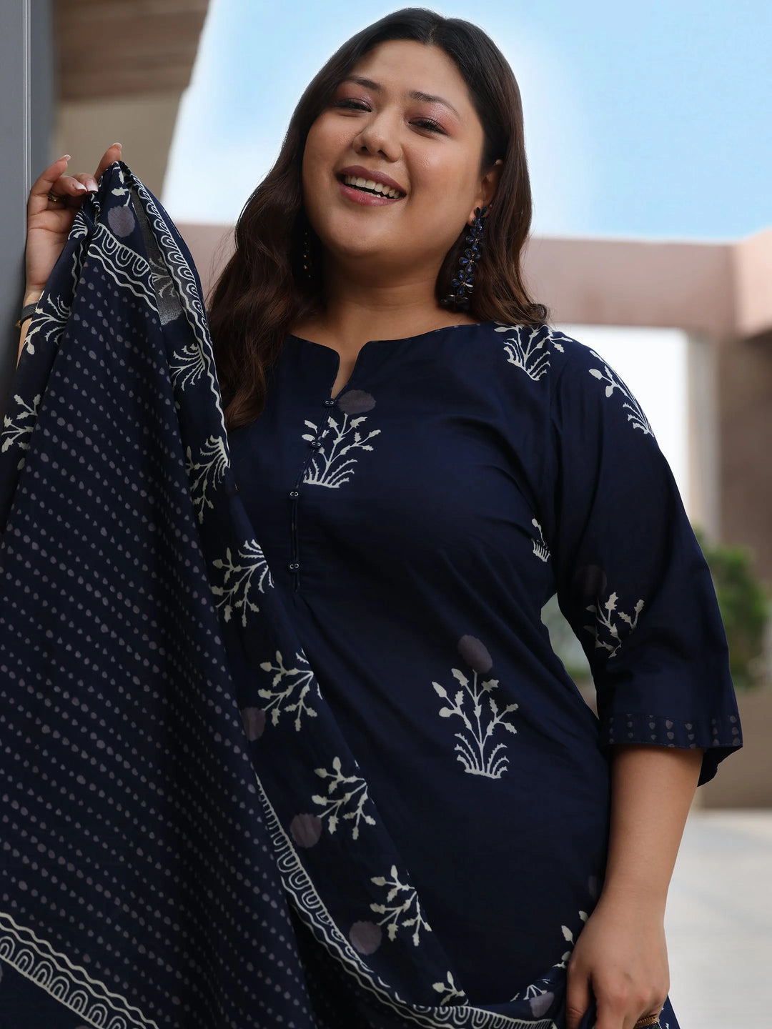  Plus Size Blue Printed Cotton Straight Suit With Dupatta 