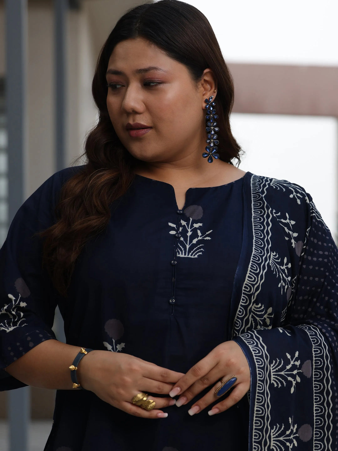  Plus Size Blue Printed Cotton Straight Suit With Dupatta 