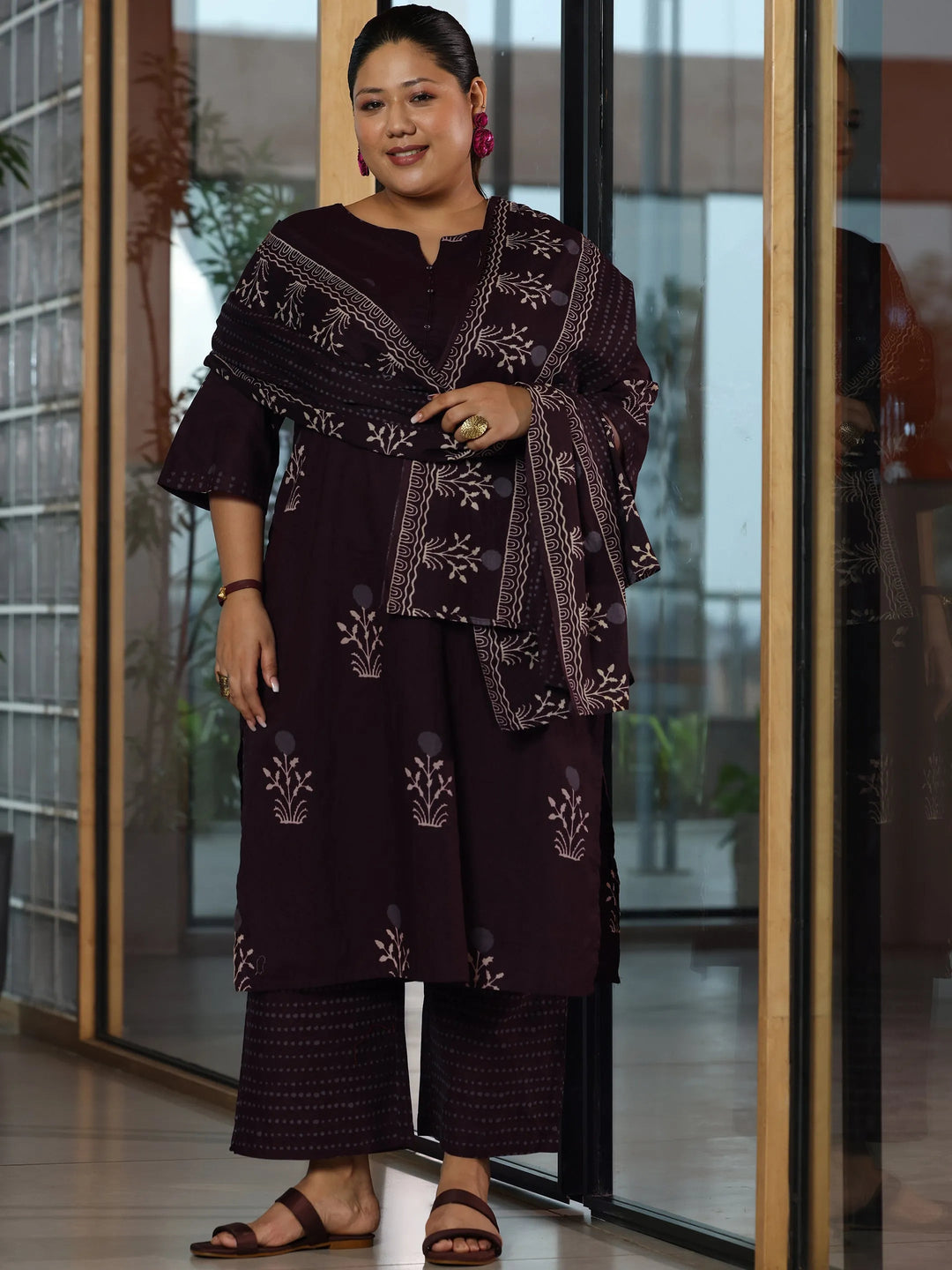  Plus Size Brown Printed Cotton Straight Suit With Dupatta 