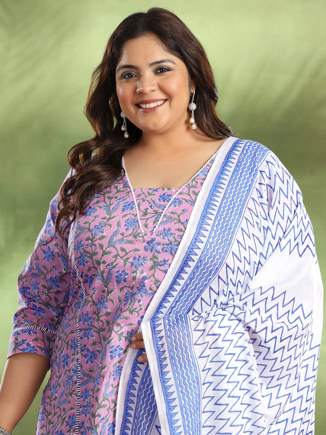  Plus Size Purple Printed Cotton Straight Suit With Dupatta 