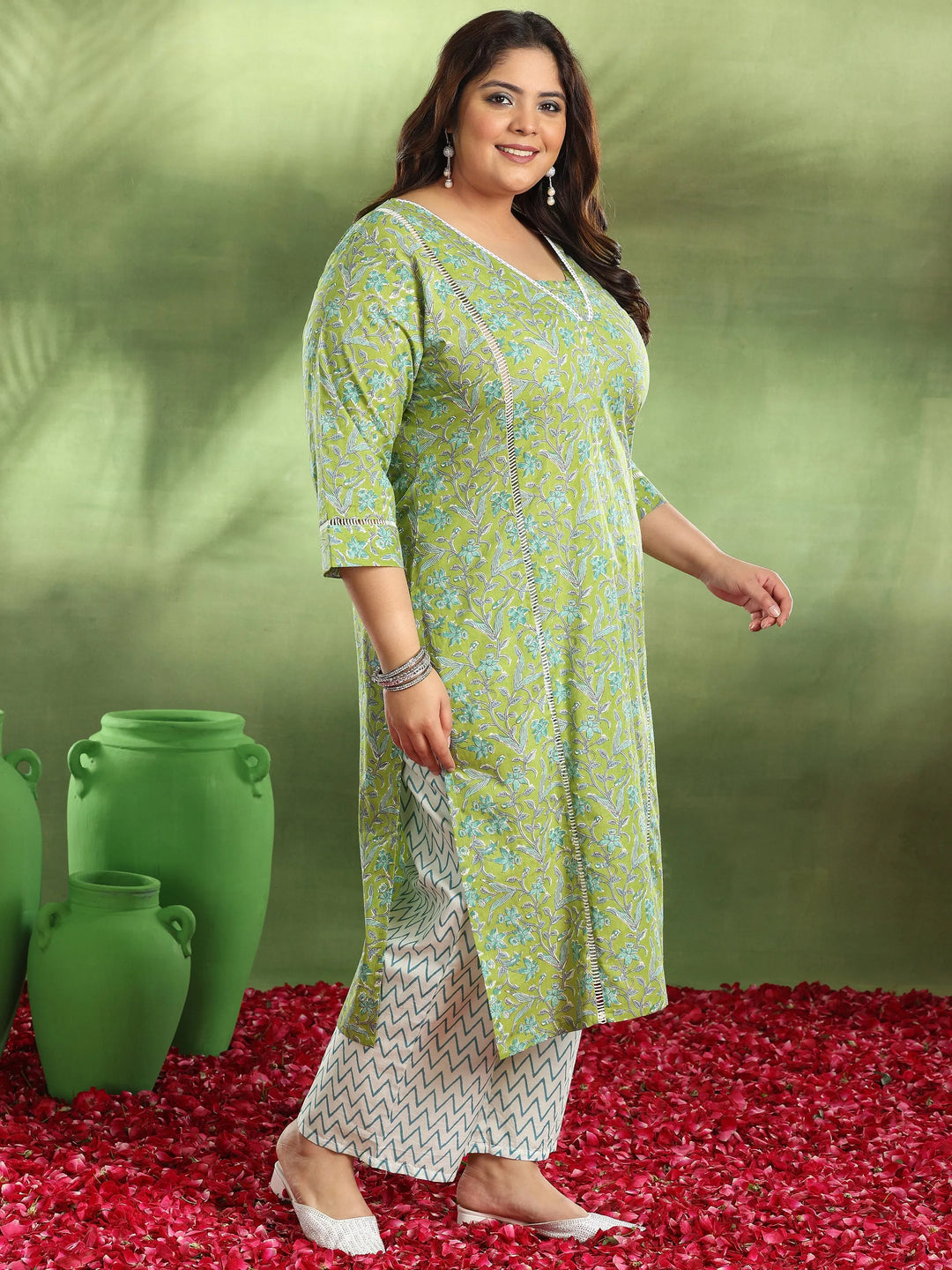  Plus Size Green Printed Cotton Straight Suit With Dupatta 