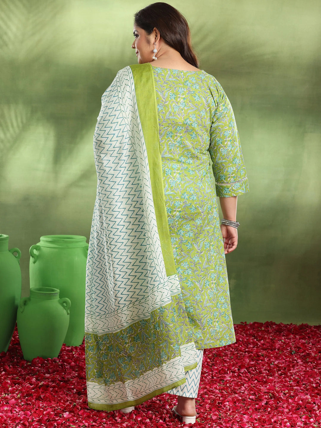  Plus Size Green Printed Cotton Straight Suit With Dupatta 