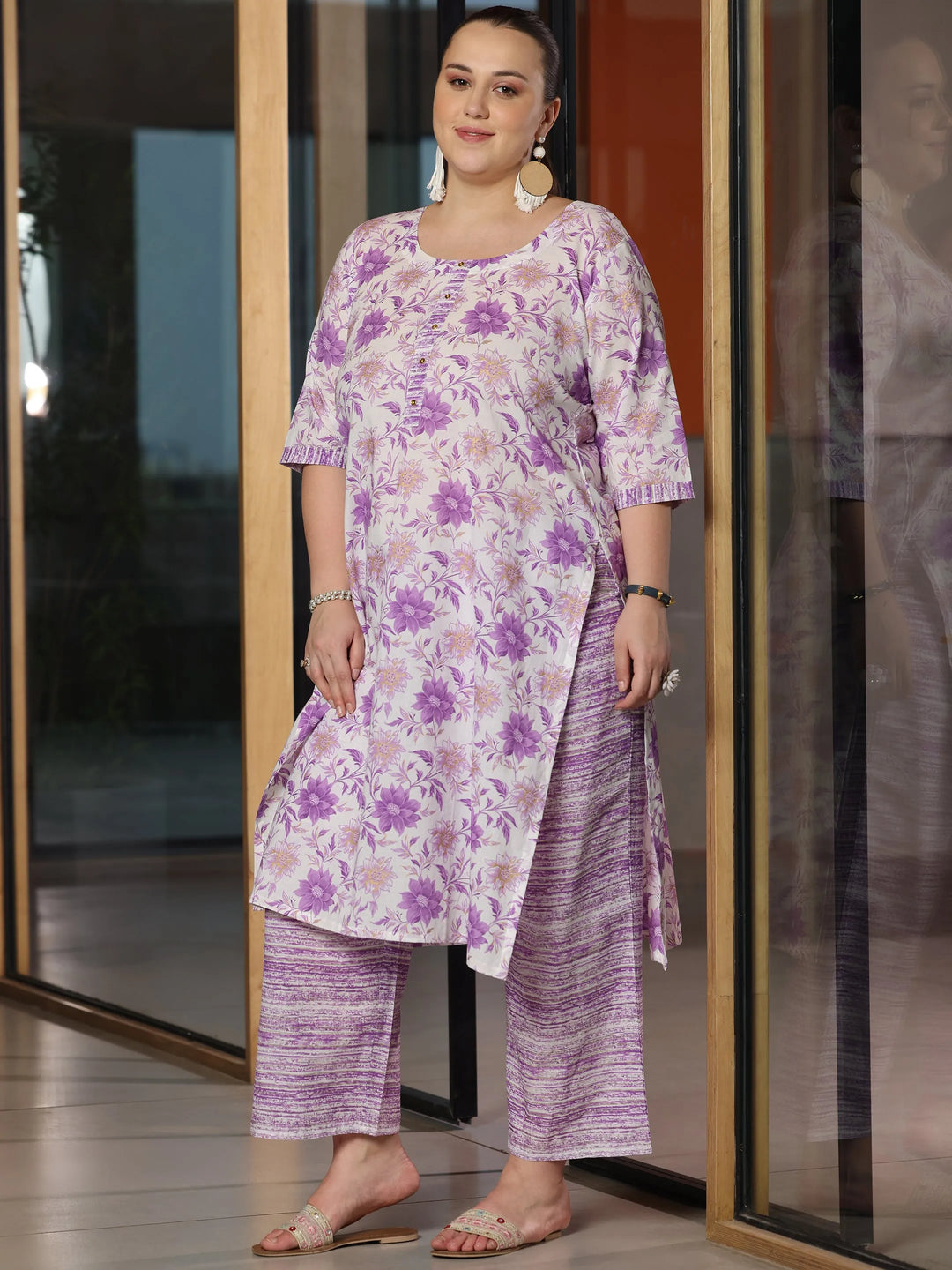  Plus Size Purple Printed Cotton Straight Suit With Dupatta 