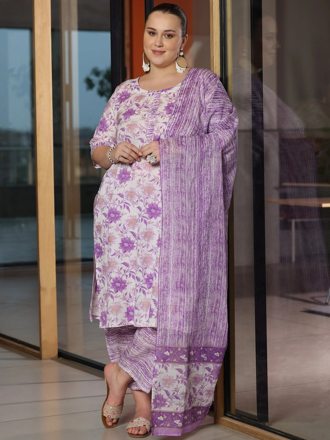  Plus Size Purple Printed Cotton Straight Suit With Dupatta 