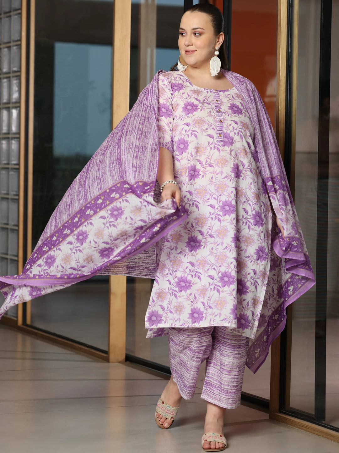  Plus Size Purple Printed Cotton Straight Suit With Dupatta 