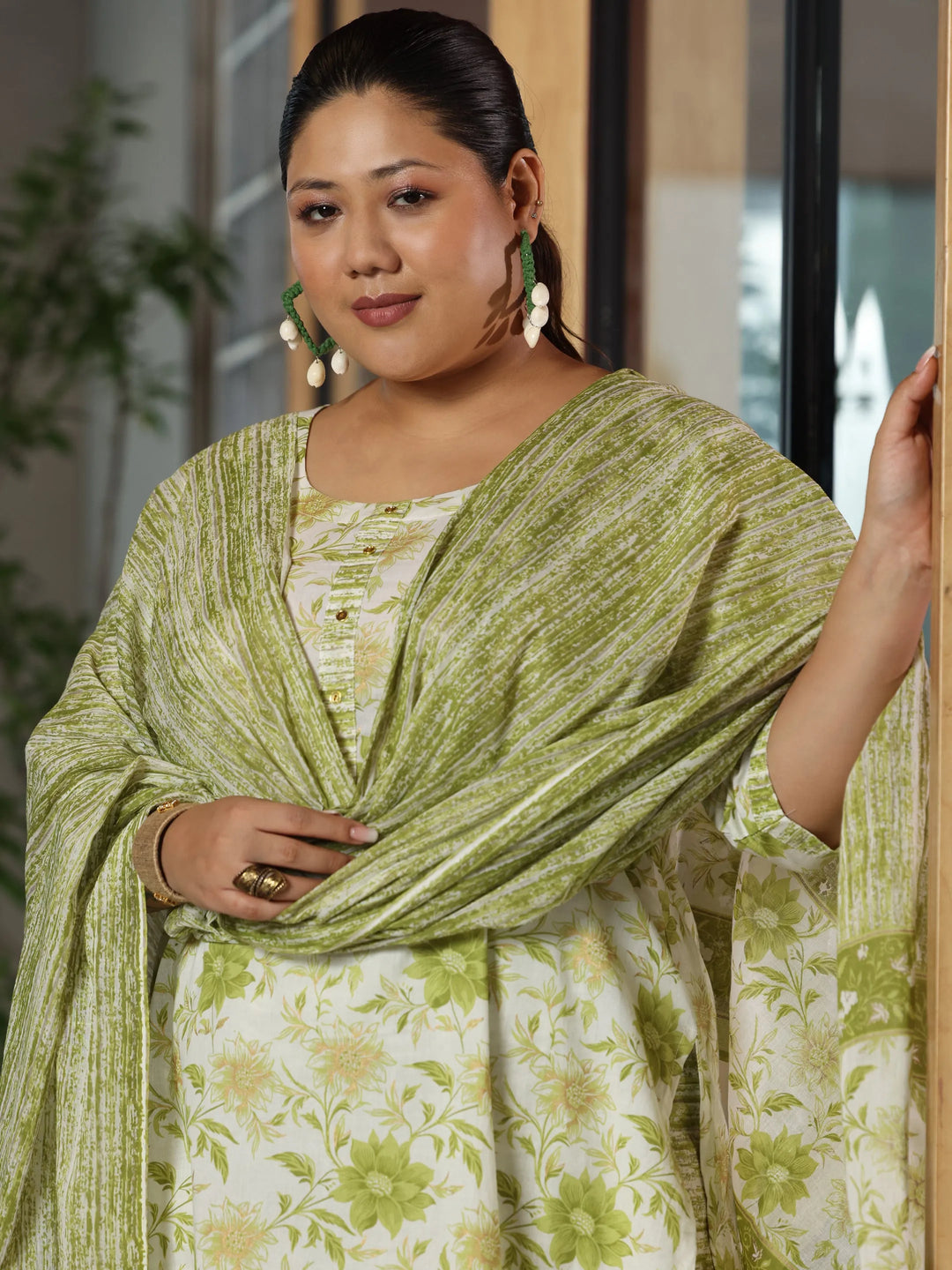  Plus Size Green Printed Cotton Straight Suit With Dupatta 