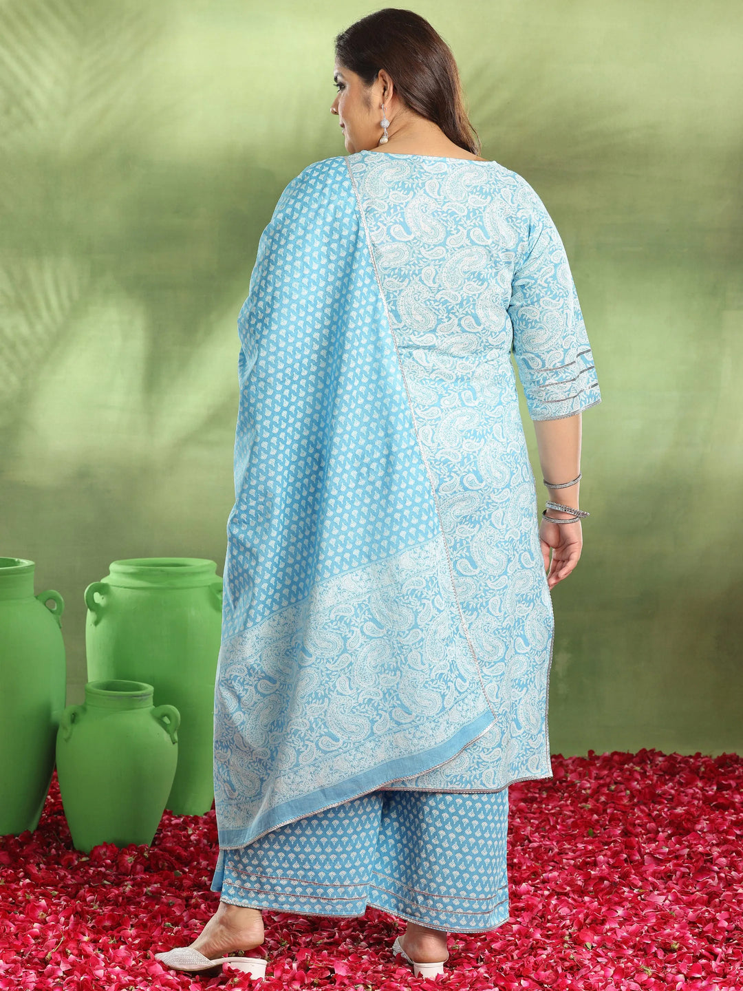  Plus Size Blue Printed Cotton Straight Suit With Dupatta 