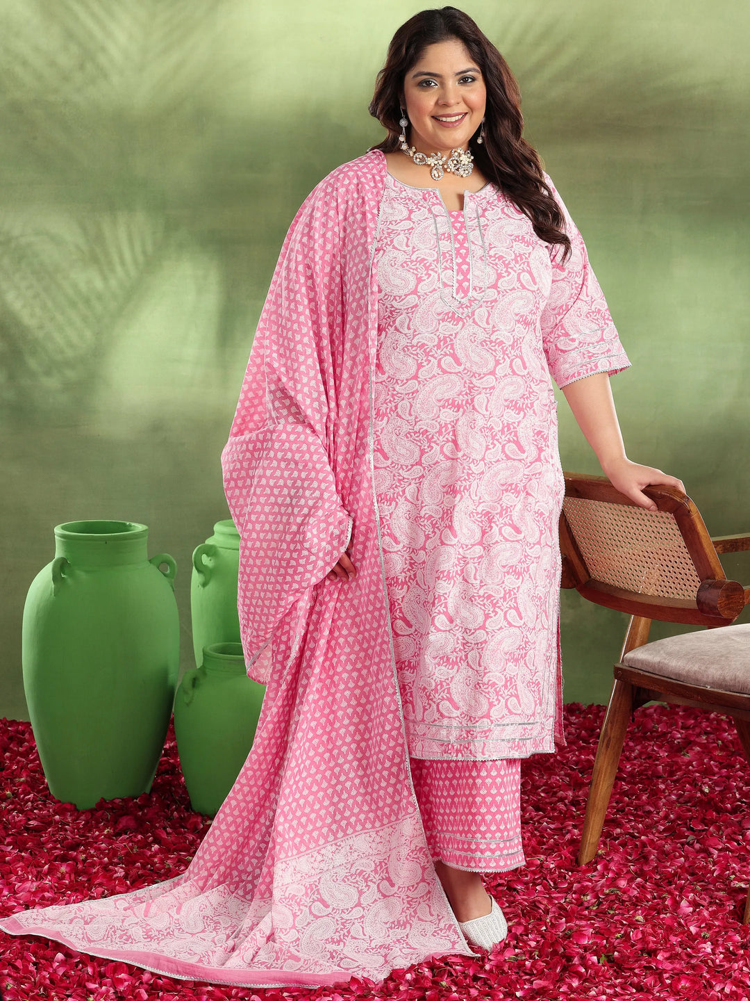  Plus Size Pink Printed Cotton Straight Suit With Dupatta 