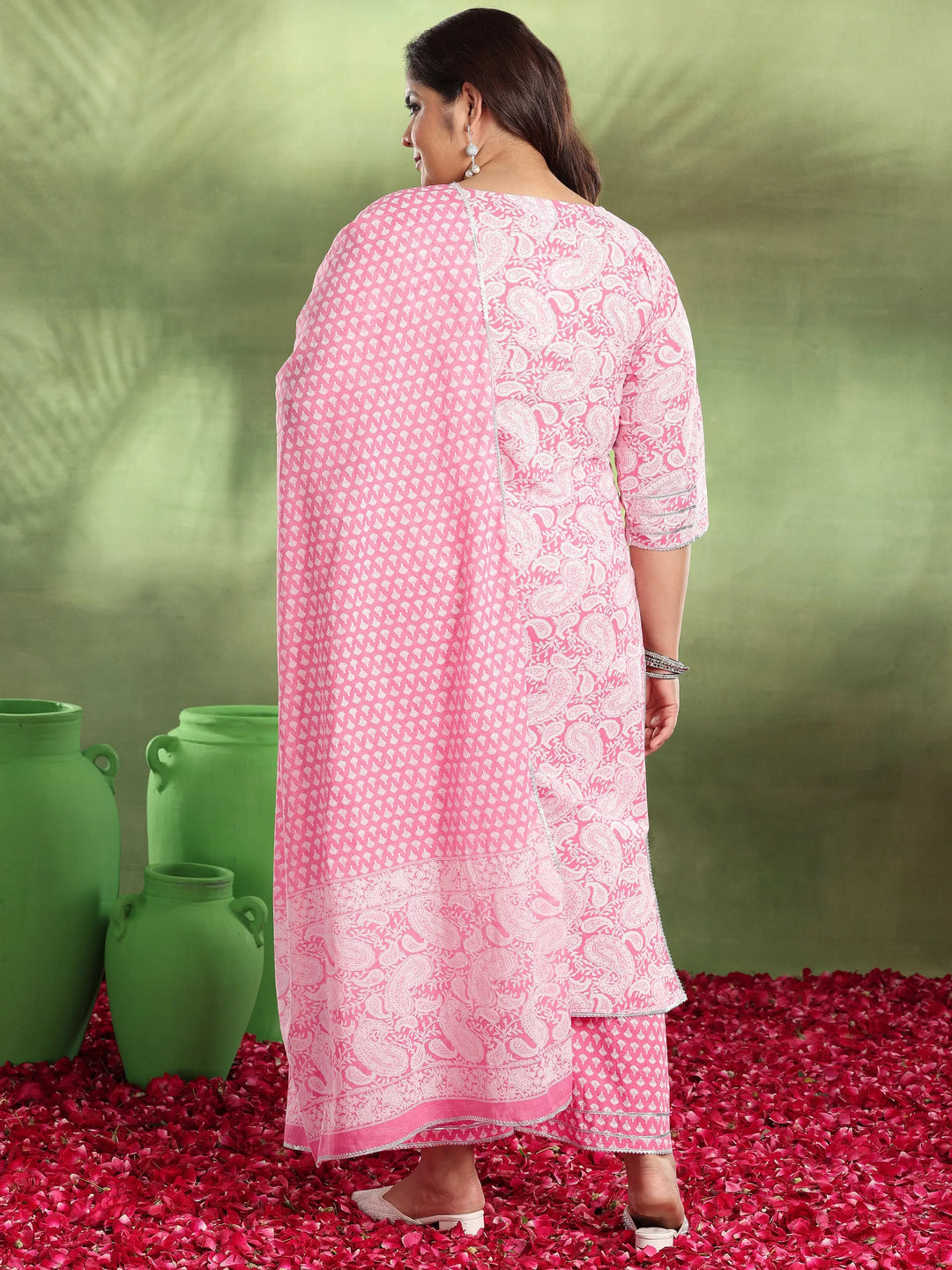  Plus Size Pink Printed Cotton Straight Suit With Dupatta 