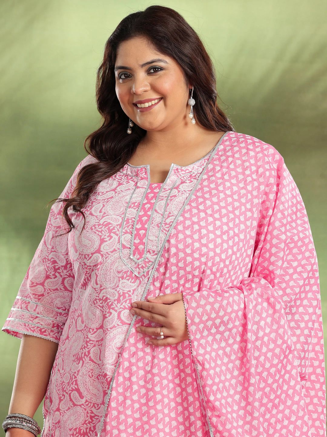  Plus Size Pink Printed Cotton Straight Suit With Dupatta 