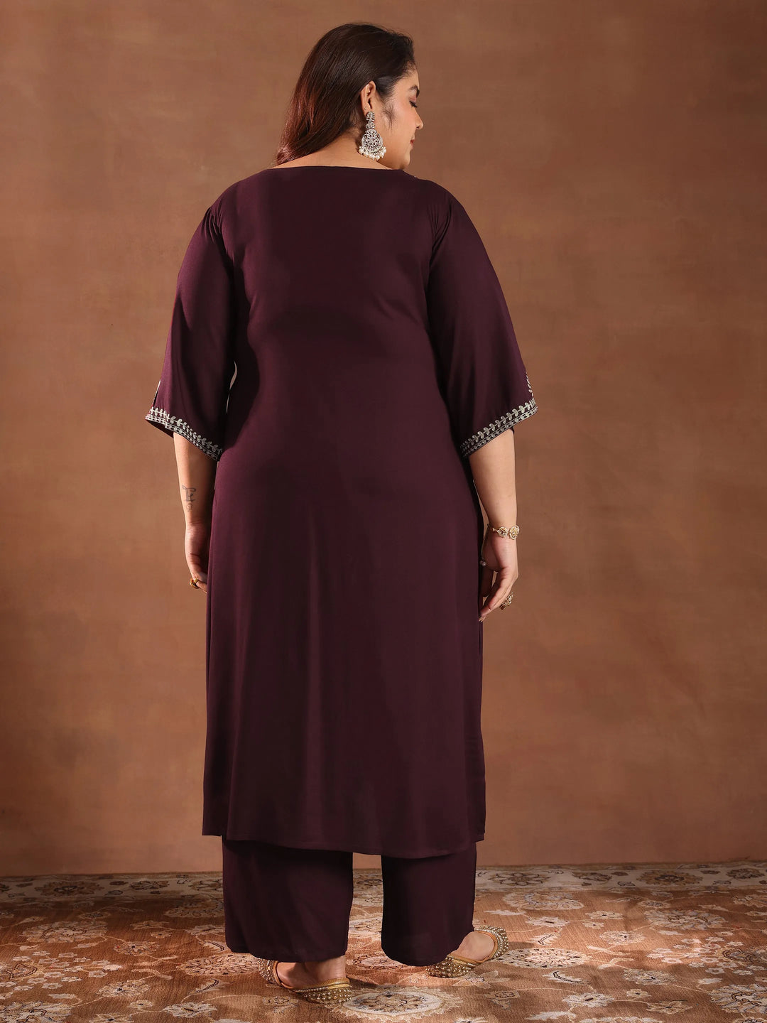  Plus Size Burgundy Yoke Design Rayon Straight Kurta Set 