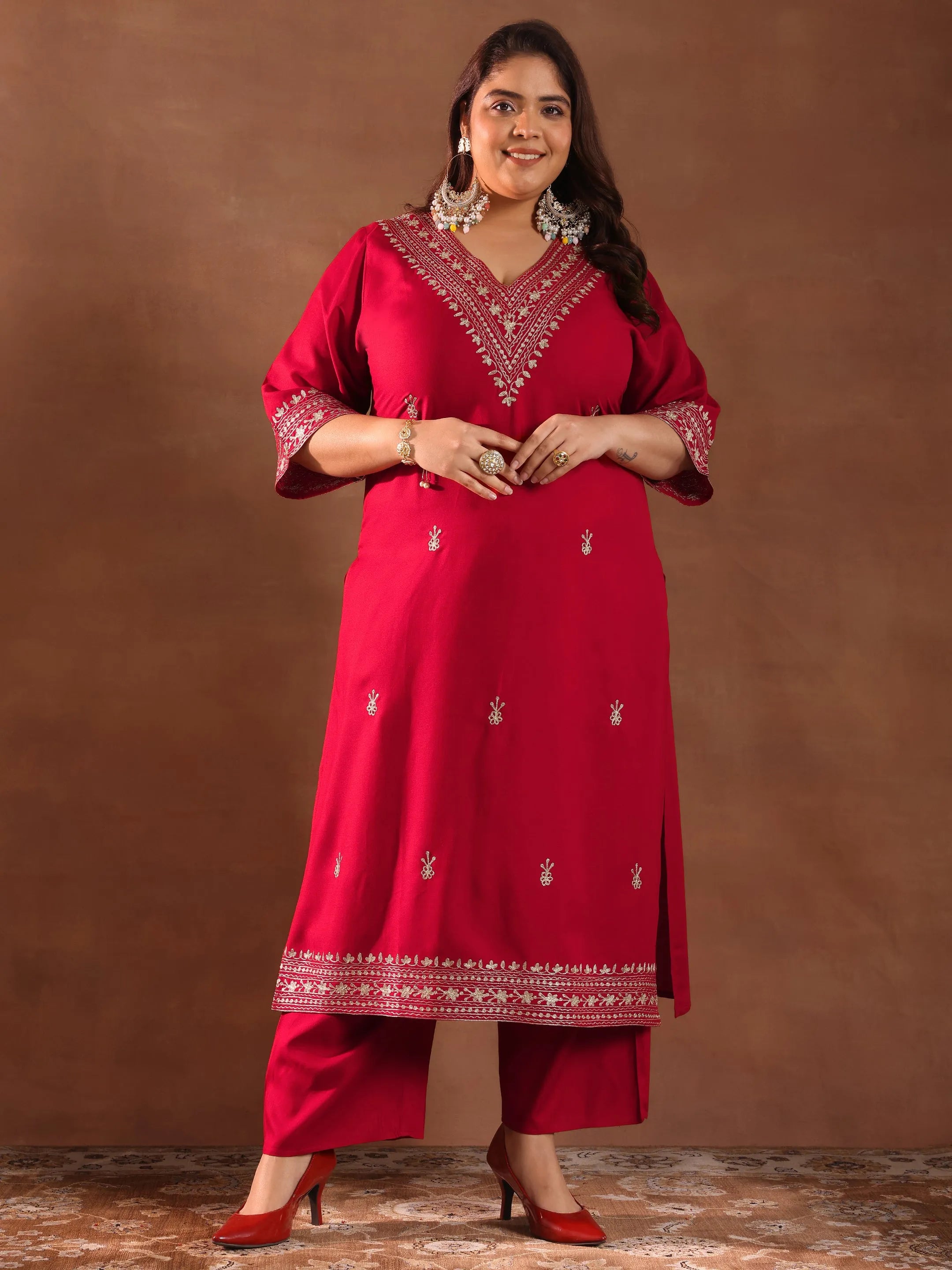 libas Plus Size Red Embroidered Rayon Straight Kurta Set-picture-50