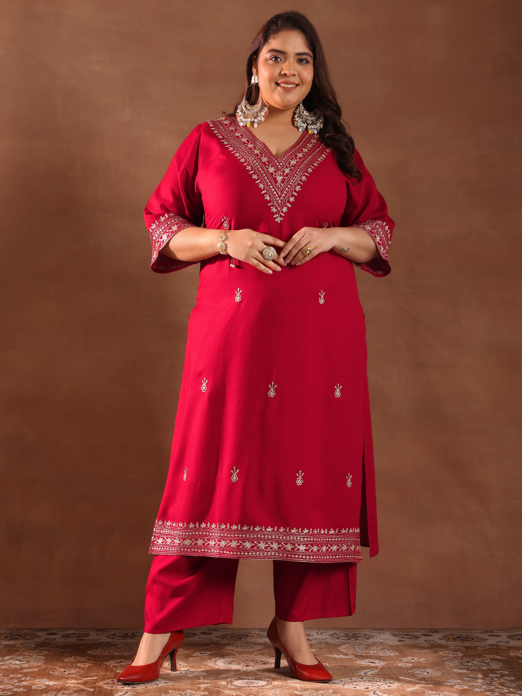 libas Plus Size Red Embroidered Rayon Straight Kurta Set-picture-48