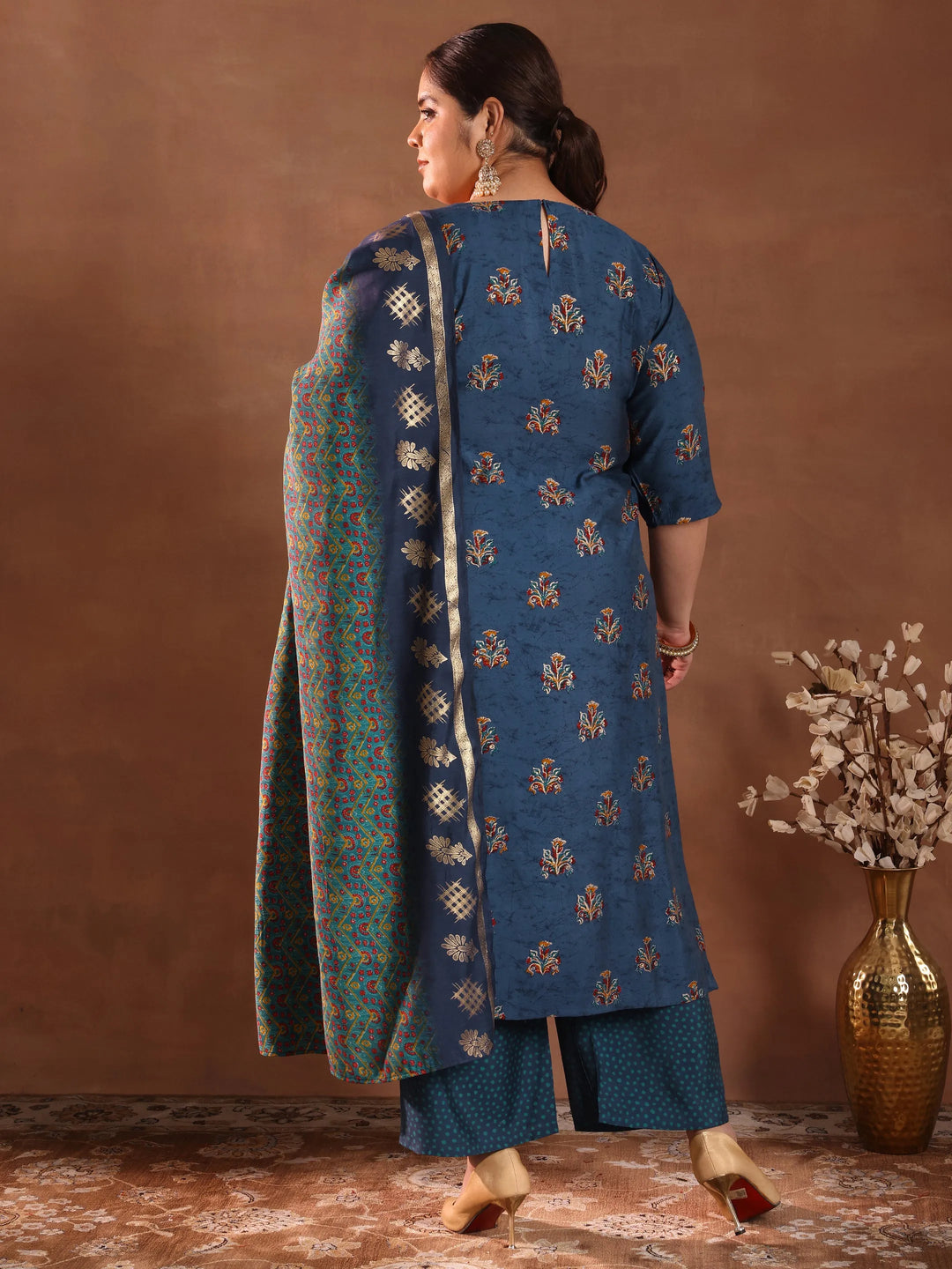  Plus Size Blue Printed Silk Blend Straight Suit With Dupatta 