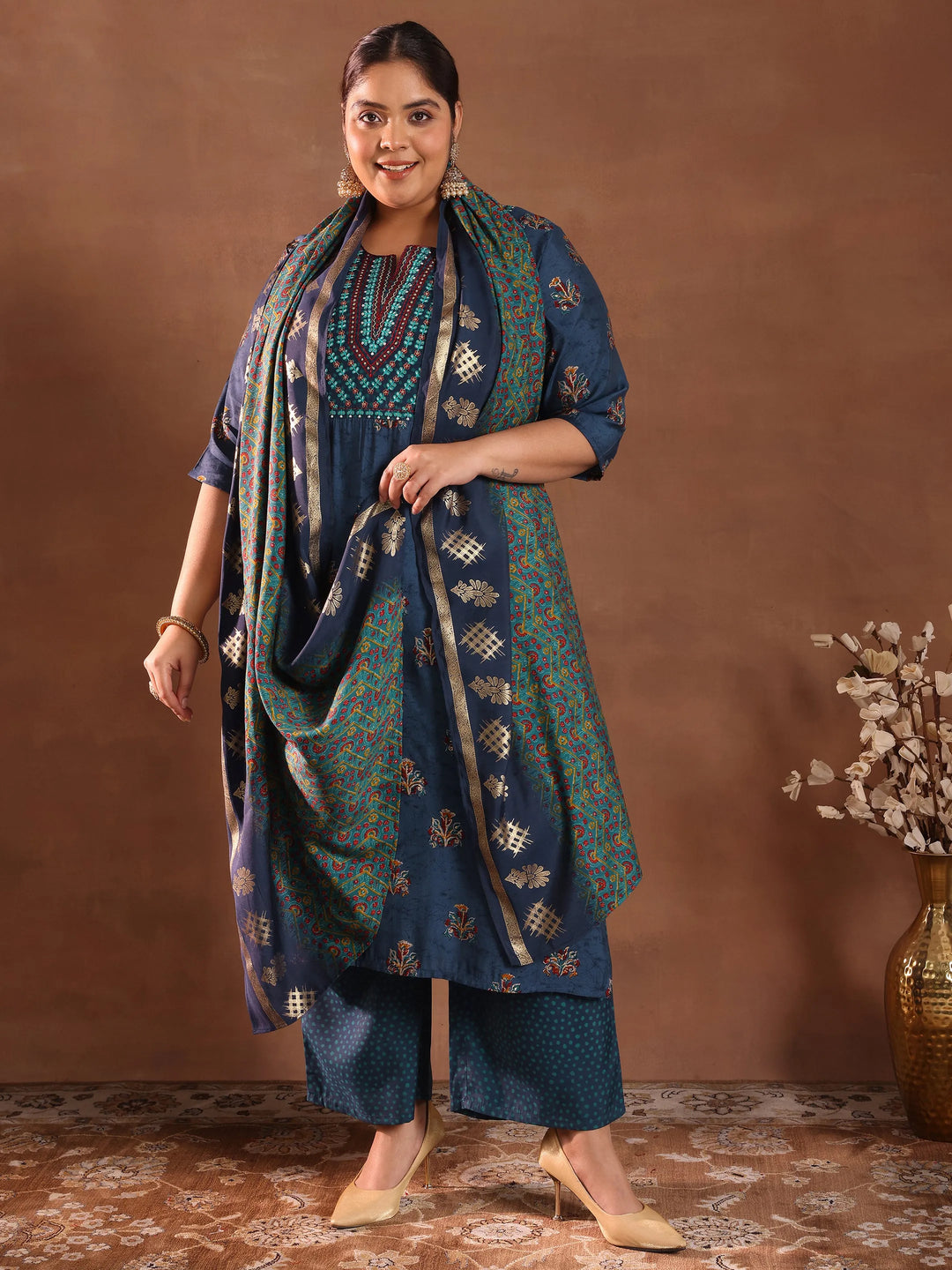  Plus Size Blue Printed Silk Blend Straight Suit With Dupatta 