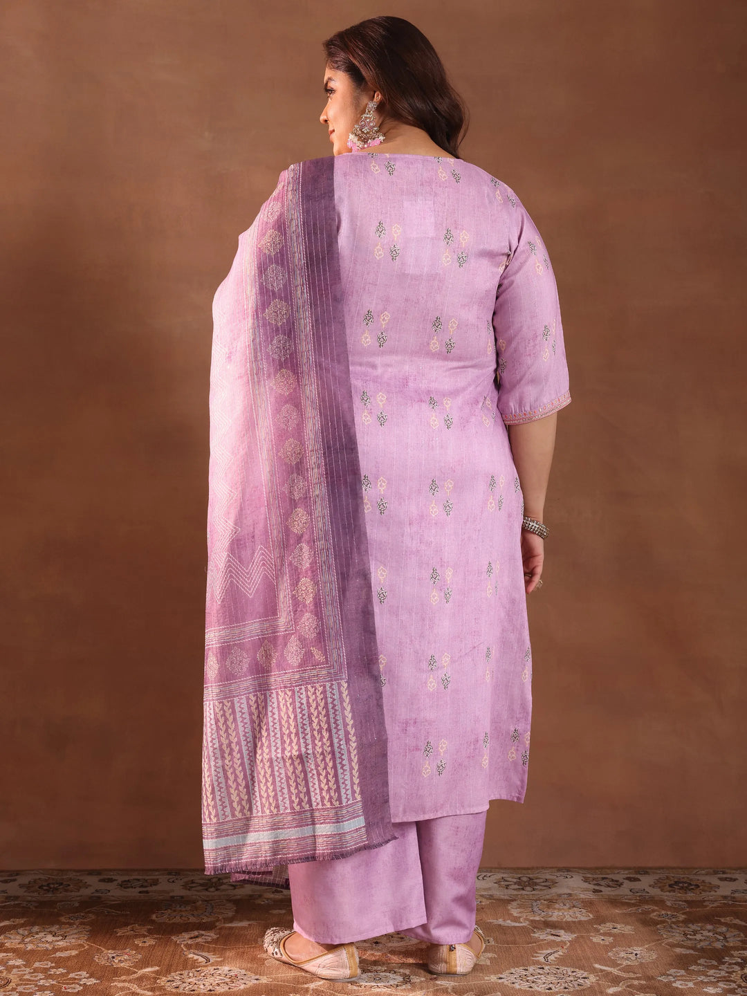  Plus Size Lavender Printed Silk Blend Straight Suit With Dupatta 