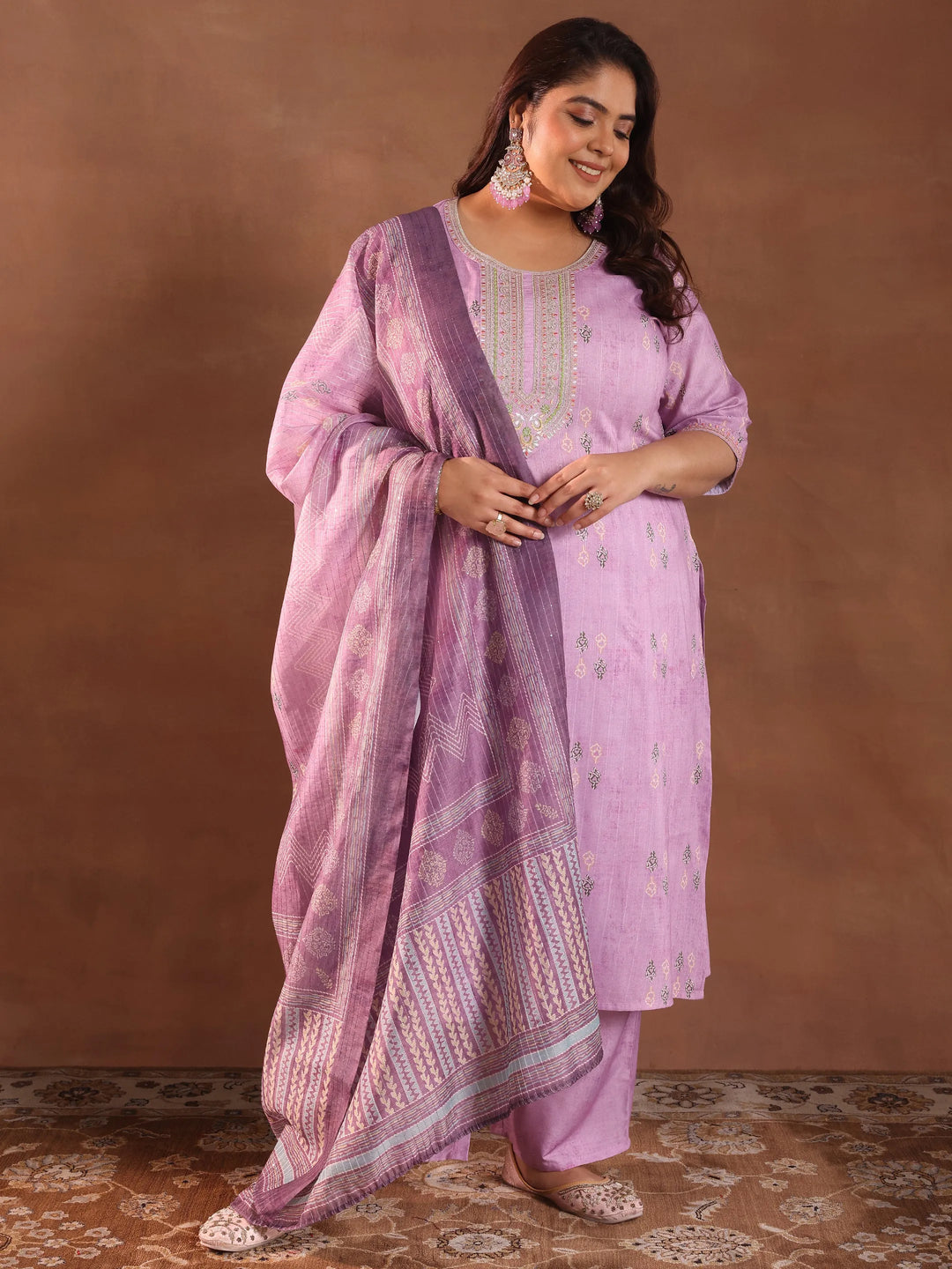  Plus Size Lavender Printed Silk Blend Straight Suit With Dupatta 