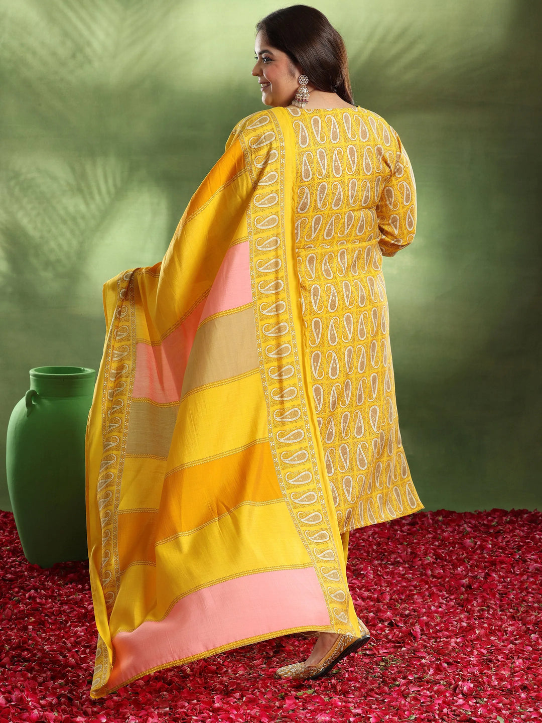  Plus Size Mustard Printed Silk Blend Straight Suit With Dupatta 