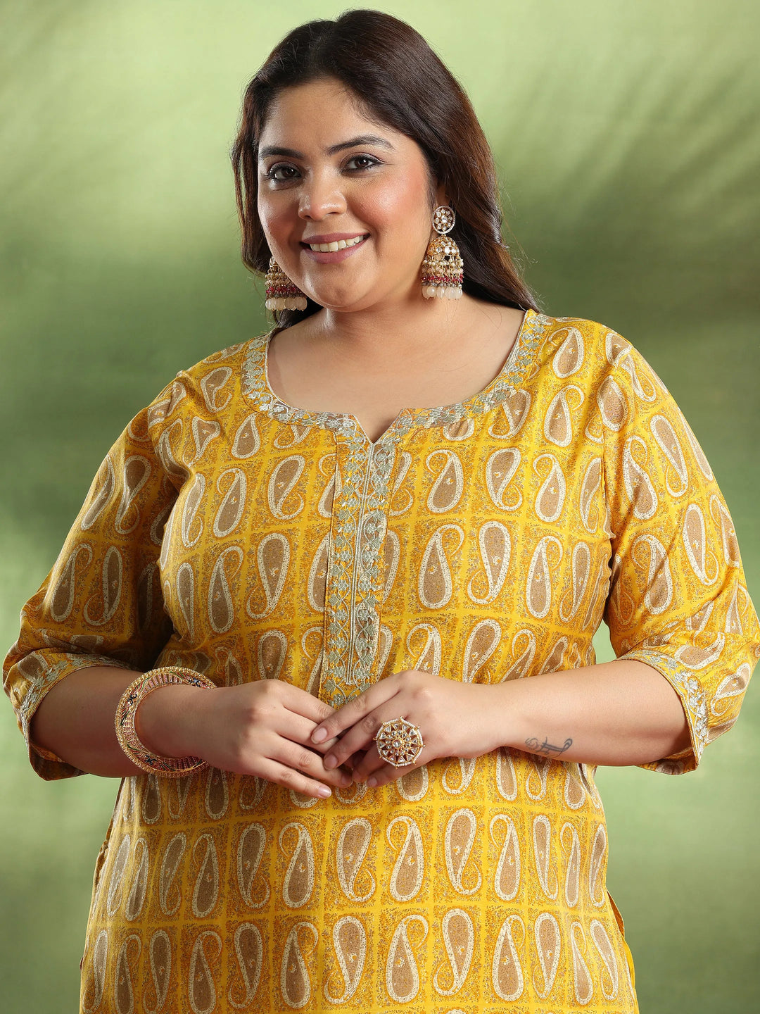  Plus Size Mustard Printed Silk Blend Straight Suit With Dupatta 