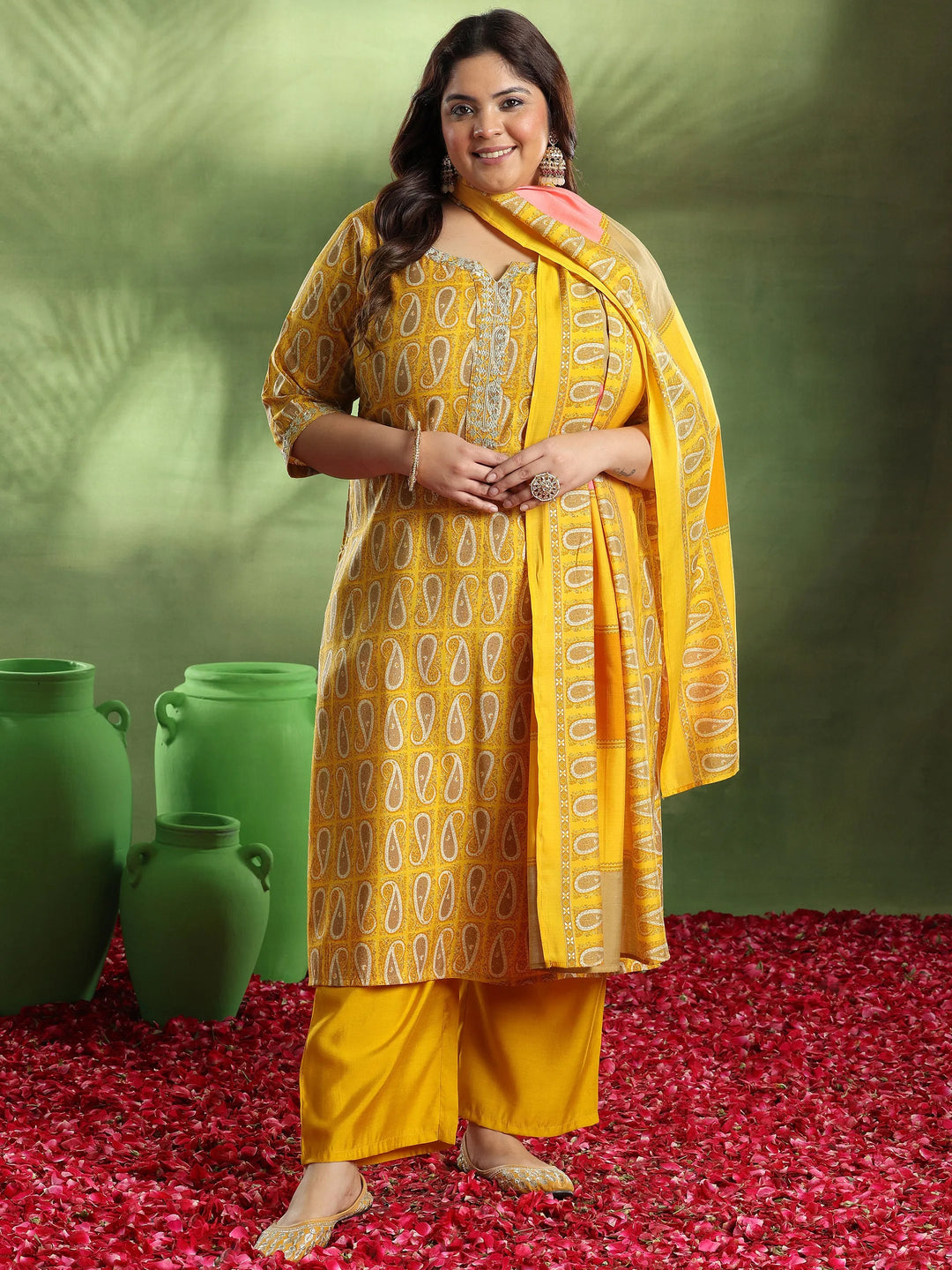  Plus Size Mustard Printed Silk Blend Straight Suit With Dupatta 