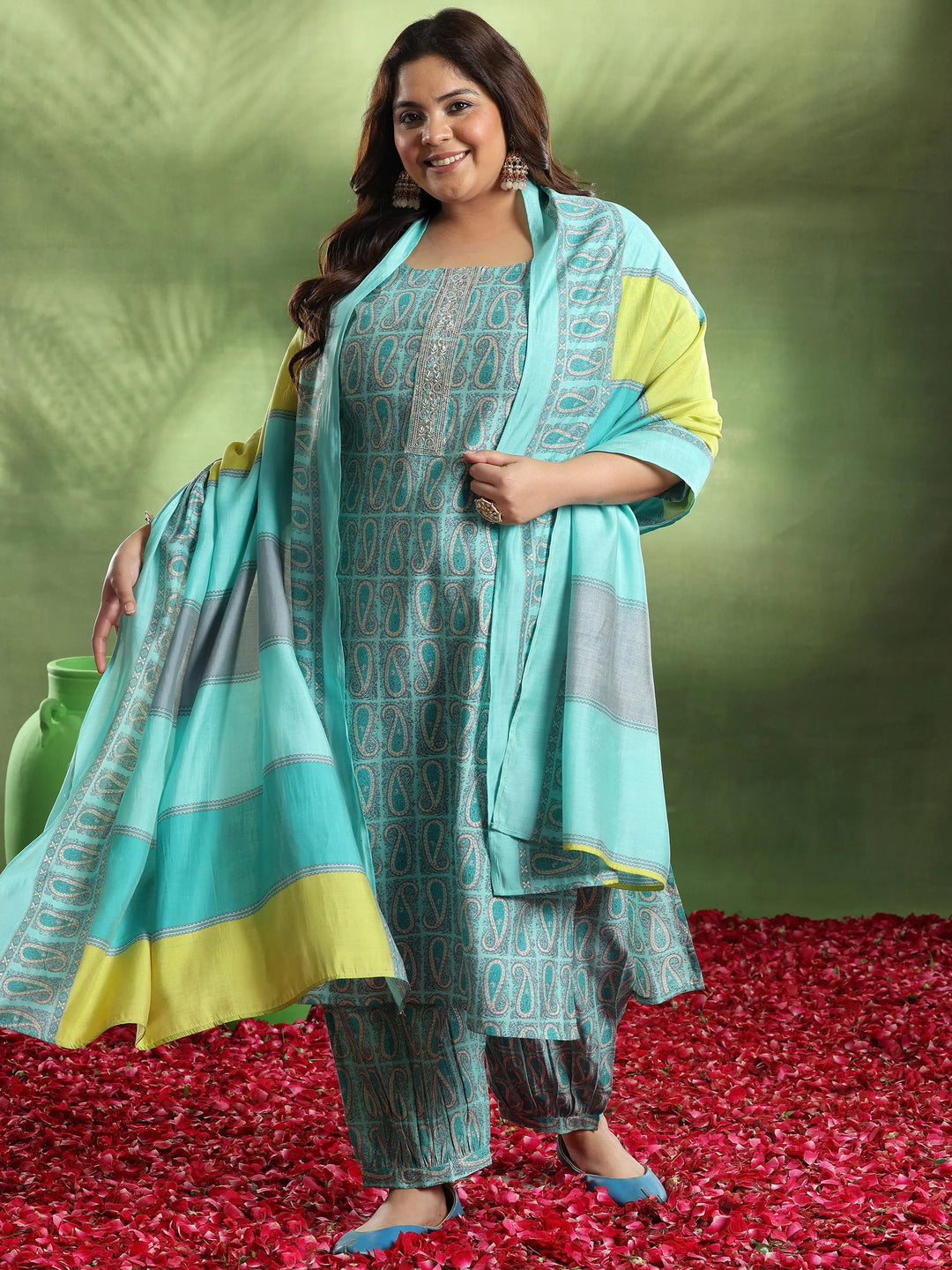  Plus Size Blue Printed Silk Blend Straight Suit With Dupatta 
