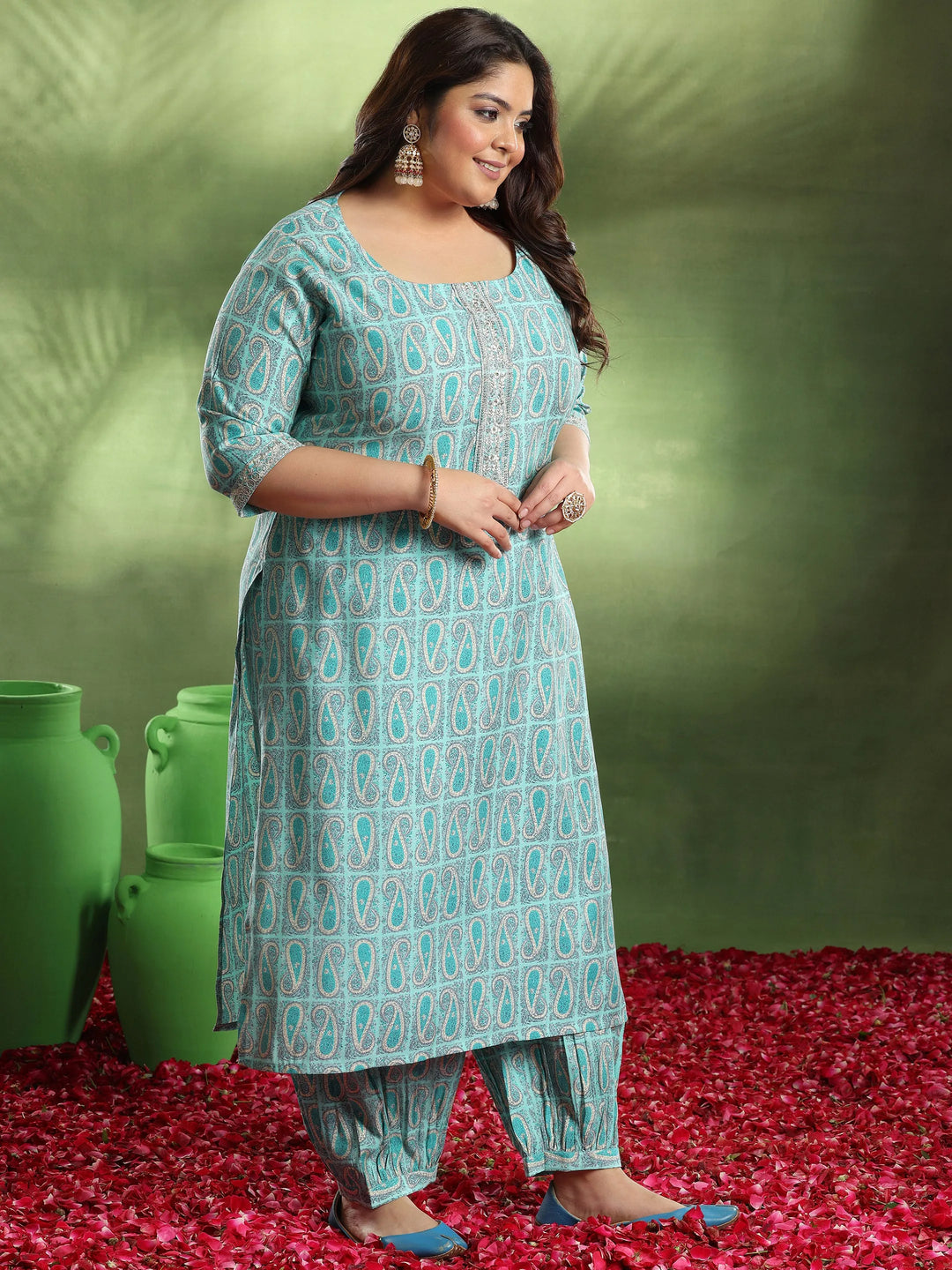  Plus Size Blue Printed Silk Blend Straight Suit With Dupatta 