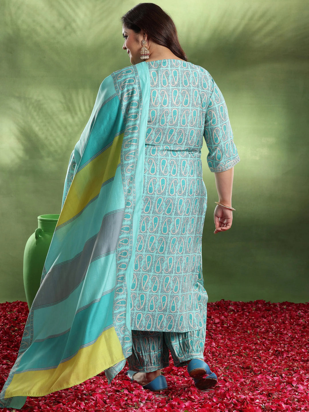  Plus Size Blue Printed Silk Blend Straight Suit With Dupatta 