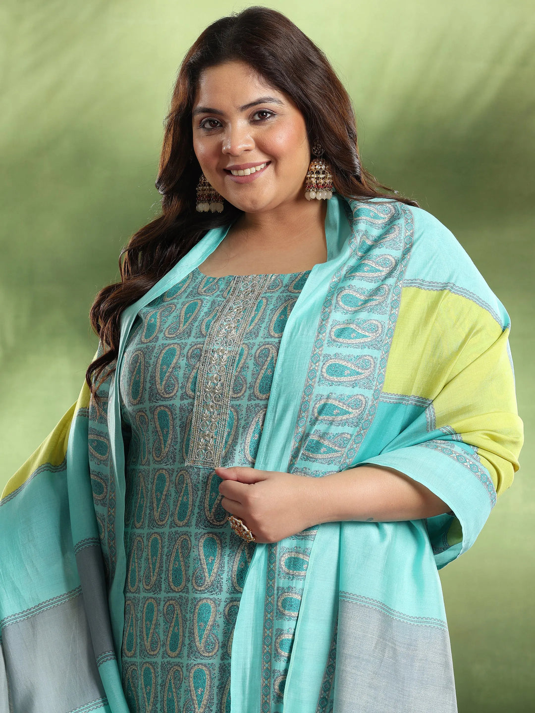  Plus Size Blue Printed Silk Blend Straight Suit With Dupatta 