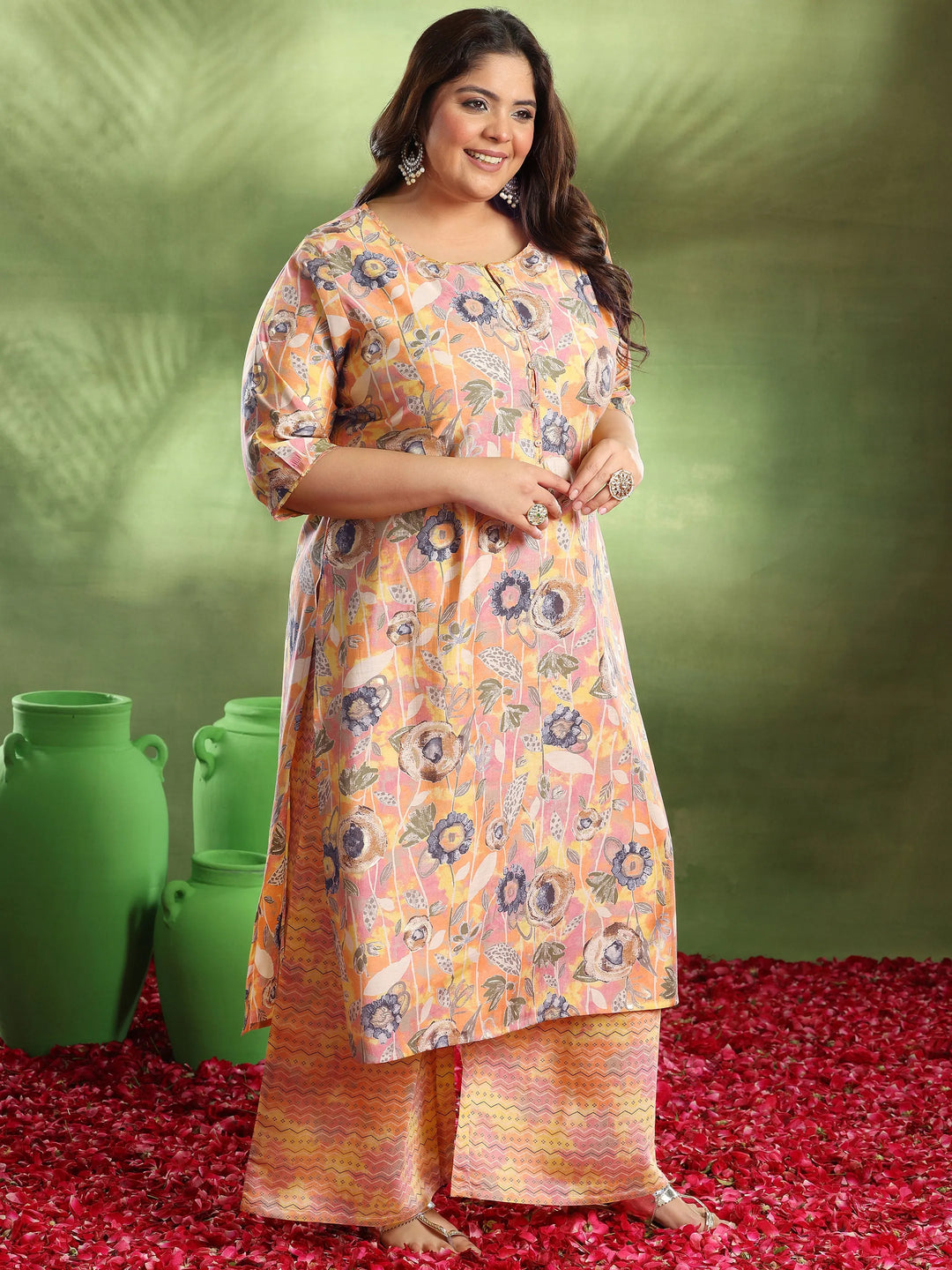  Plus Size Orange Printed Silk Blend Straight Suit With Dupatta 