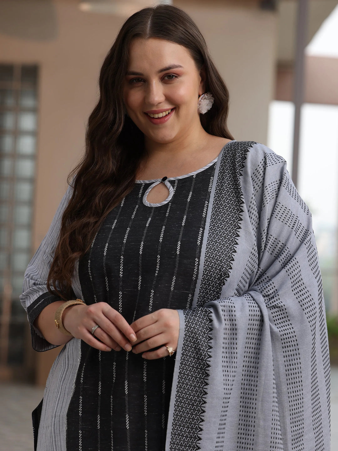  Plus Size Grey Self Design Cotton Blend Straight Suit With Dupatta 