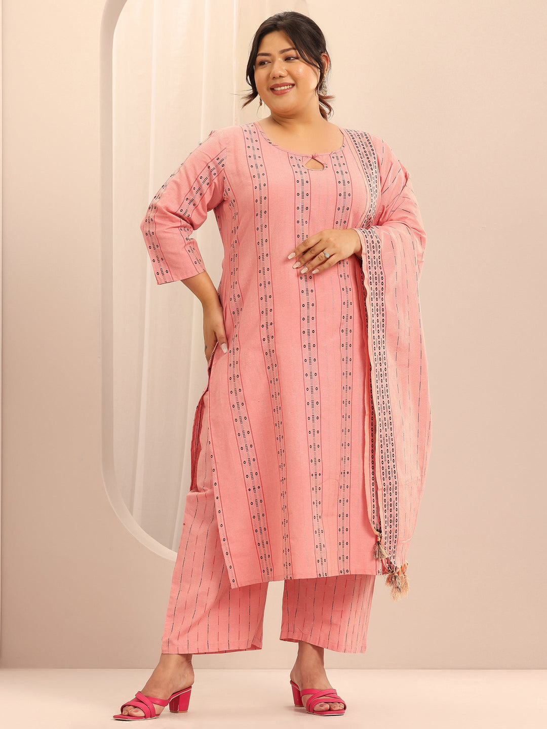  Plus Size Peach Self Design Cotton Blend Straight Suit Set With Dupatta 