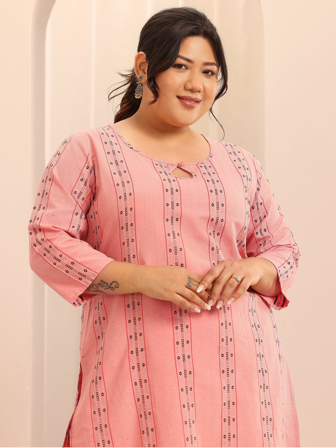  Plus Size Peach Self Design Cotton Blend Straight Suit Set With Dupatta 