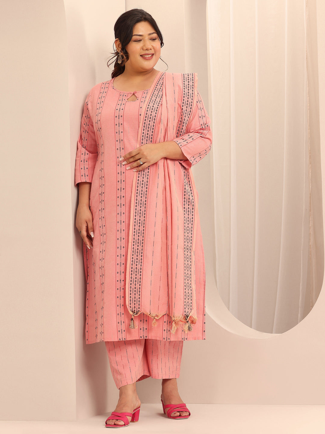  Plus Size Peach Self Design Cotton Blend Straight Suit Set With Dupatta 