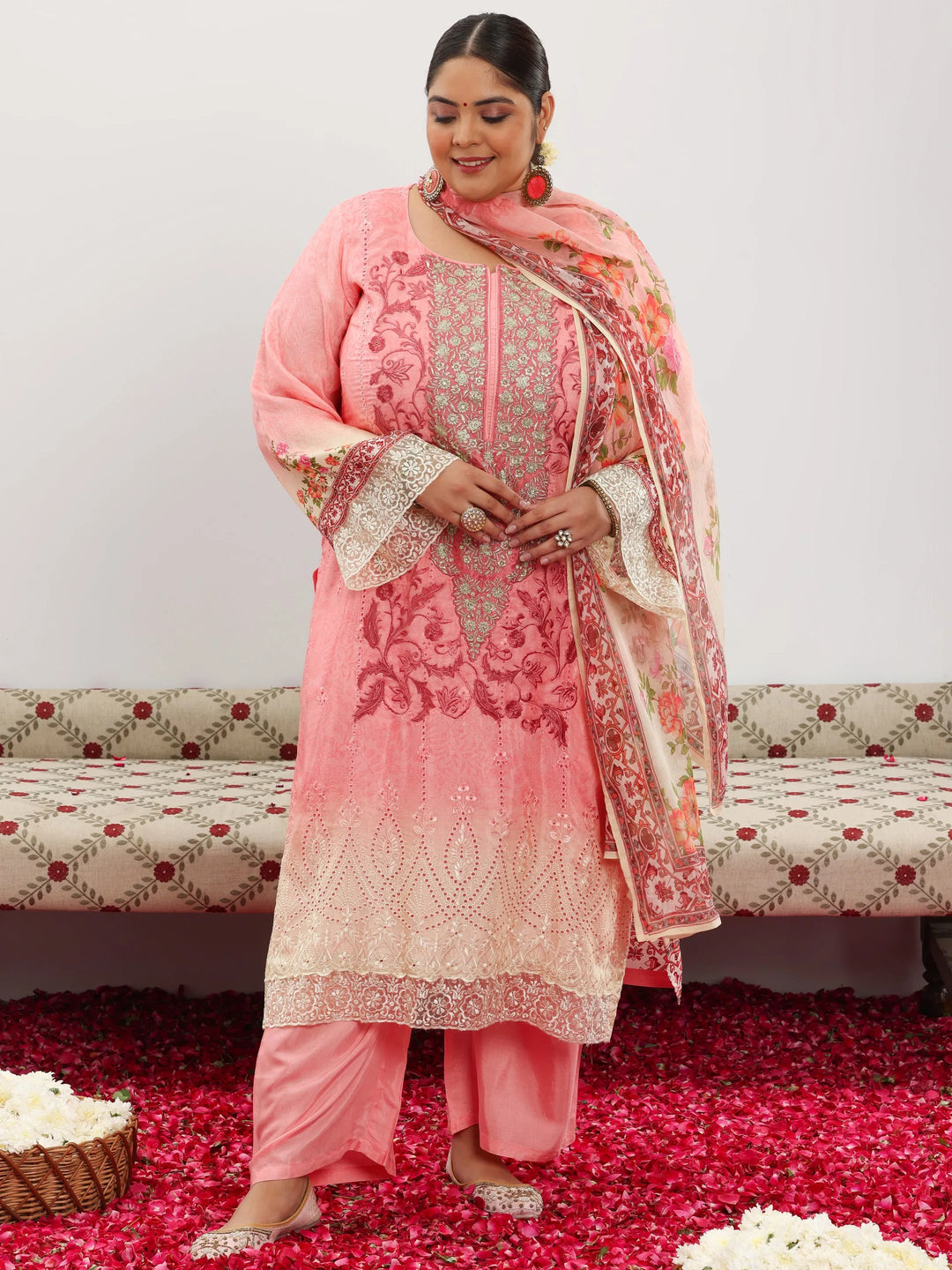  Plus Size Pink Embroidered Silk Blend Straight Suit With Dupatta 