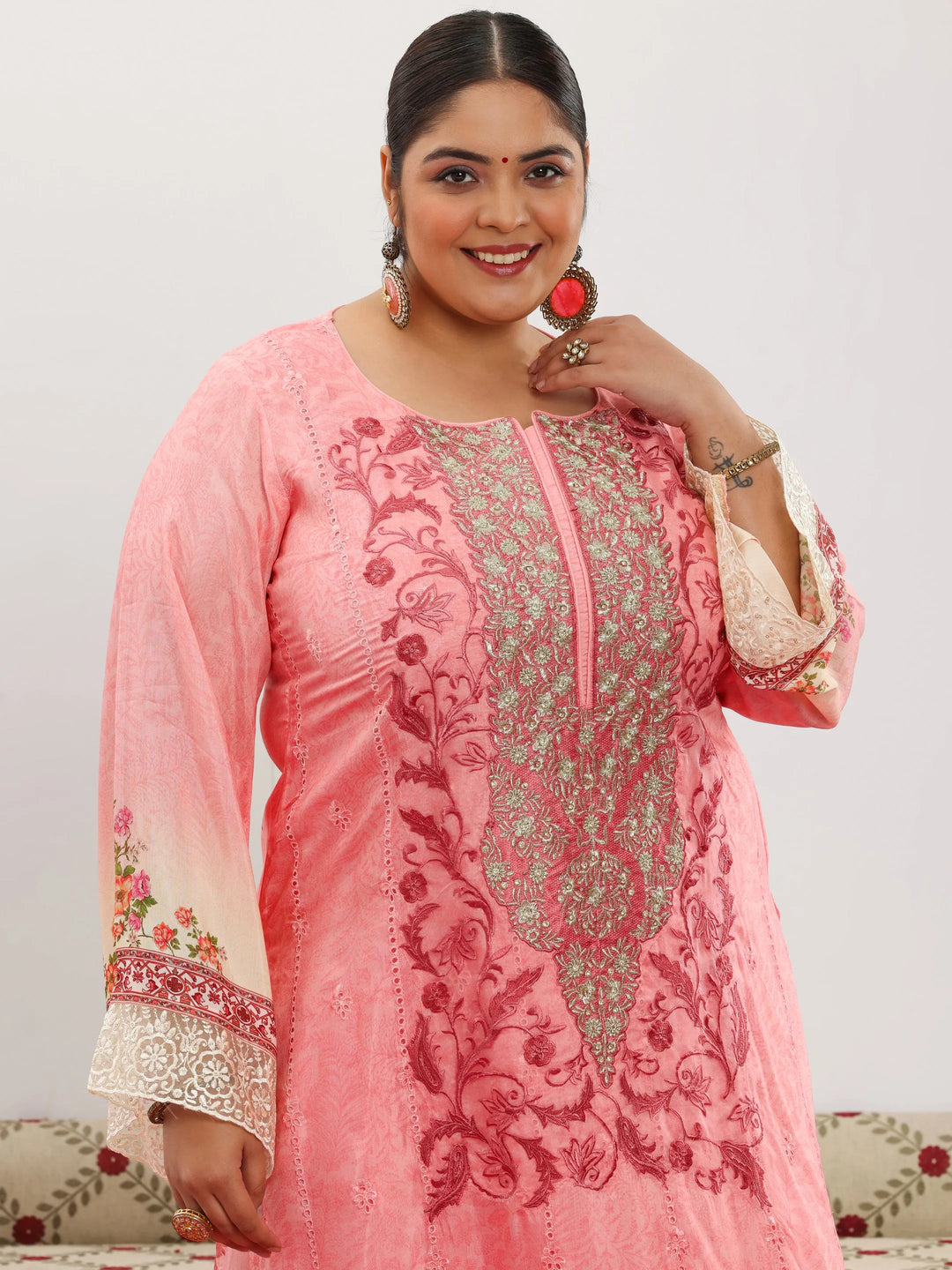  Plus Size Pink Embroidered Silk Blend Straight Suit With Dupatta 