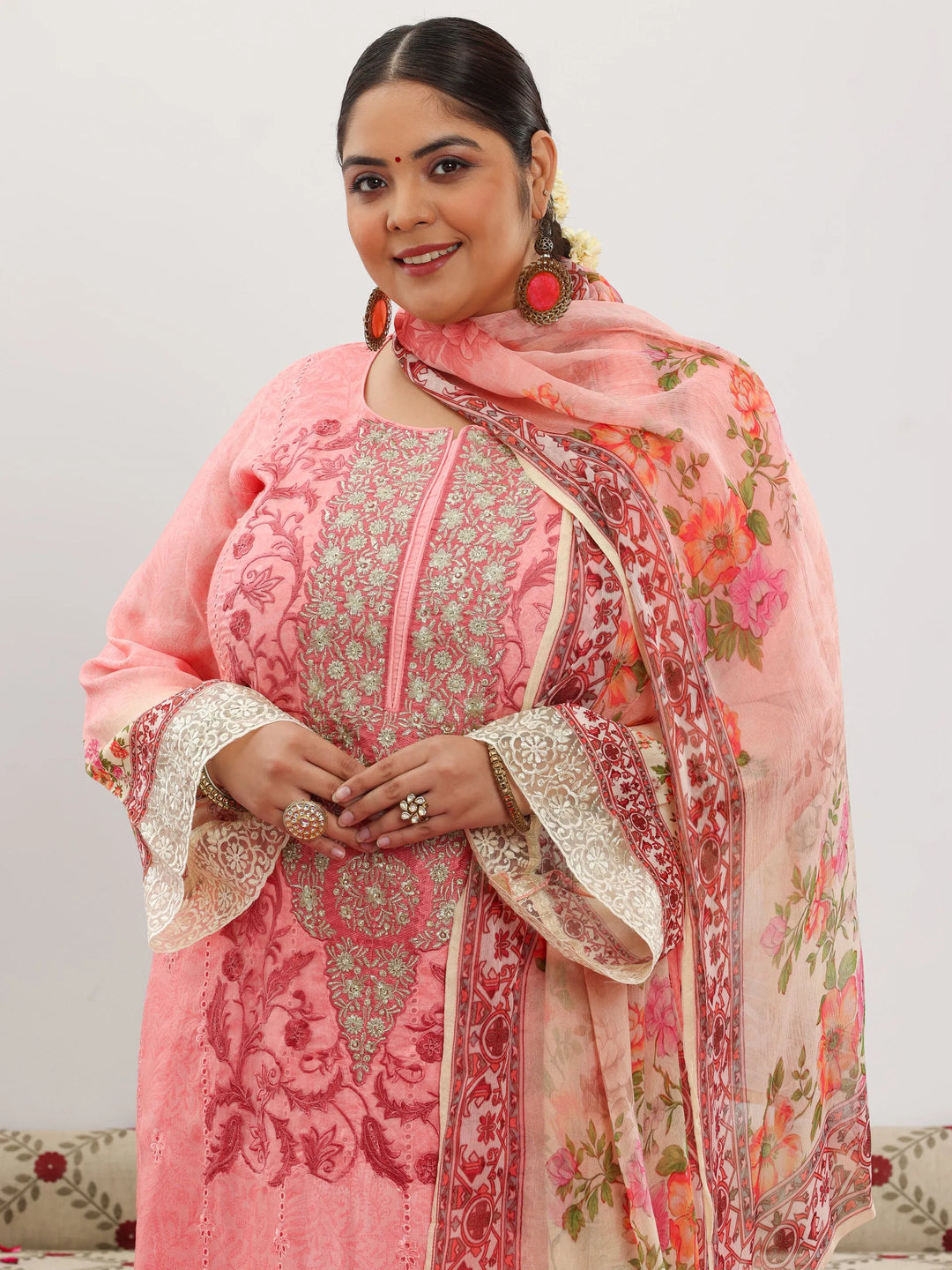  Plus Size Pink Embroidered Silk Blend Straight Suit With Dupatta 