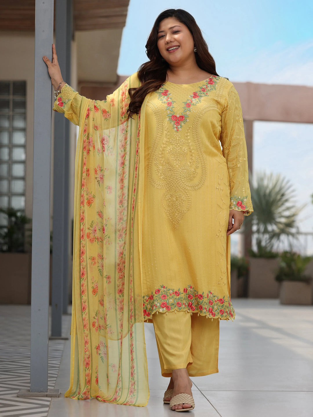  Plus Size Yellow Embroidered Organza Straight Suit With Dupatta 
