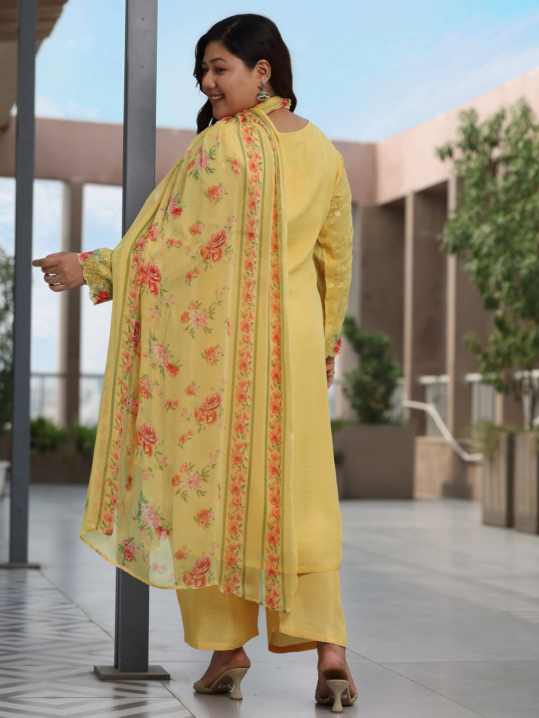  Plus Size Yellow Embroidered Organza Straight Suit With Dupatta 