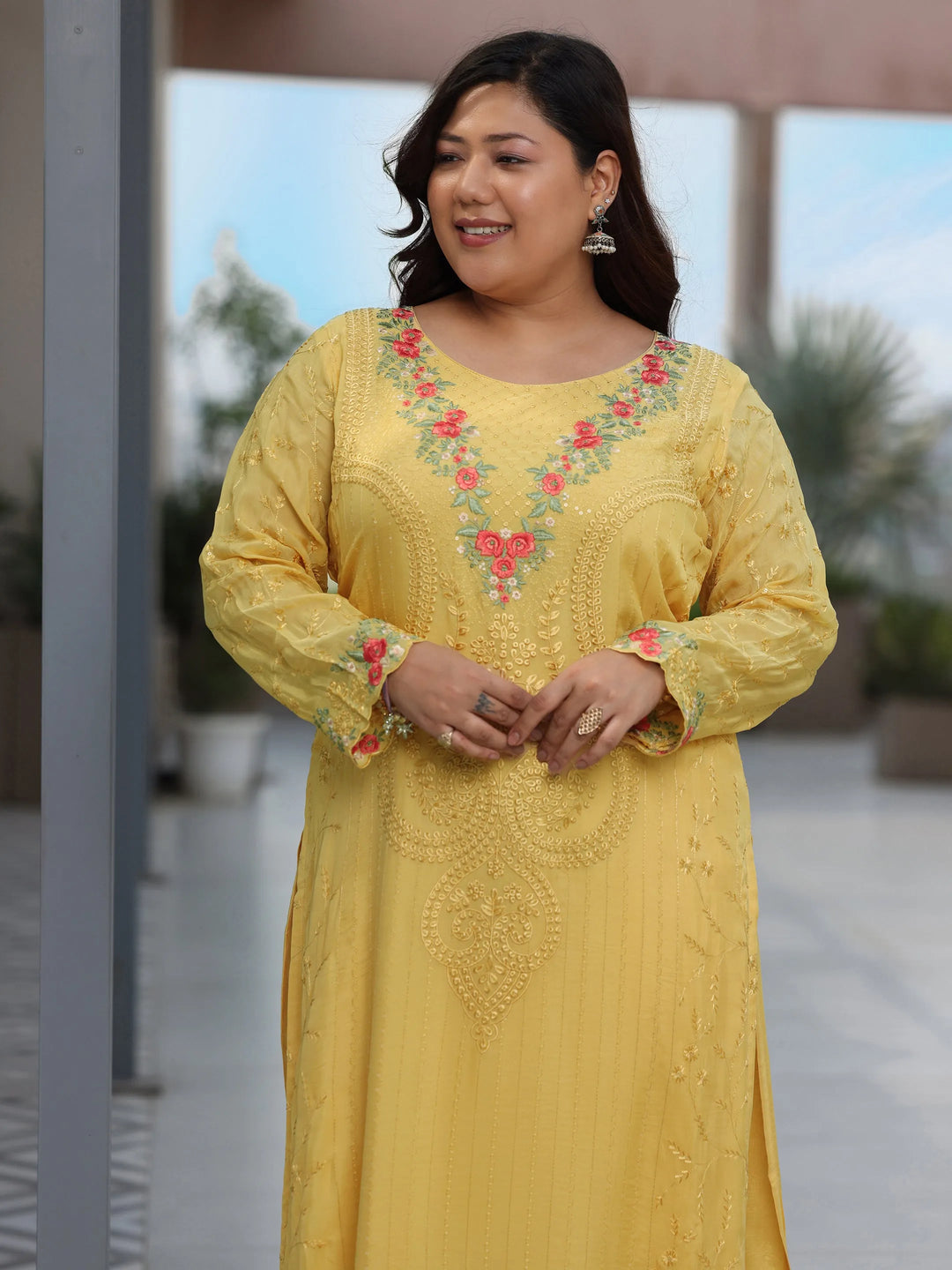  Plus Size Yellow Embroidered Organza Straight Suit With Dupatta 
